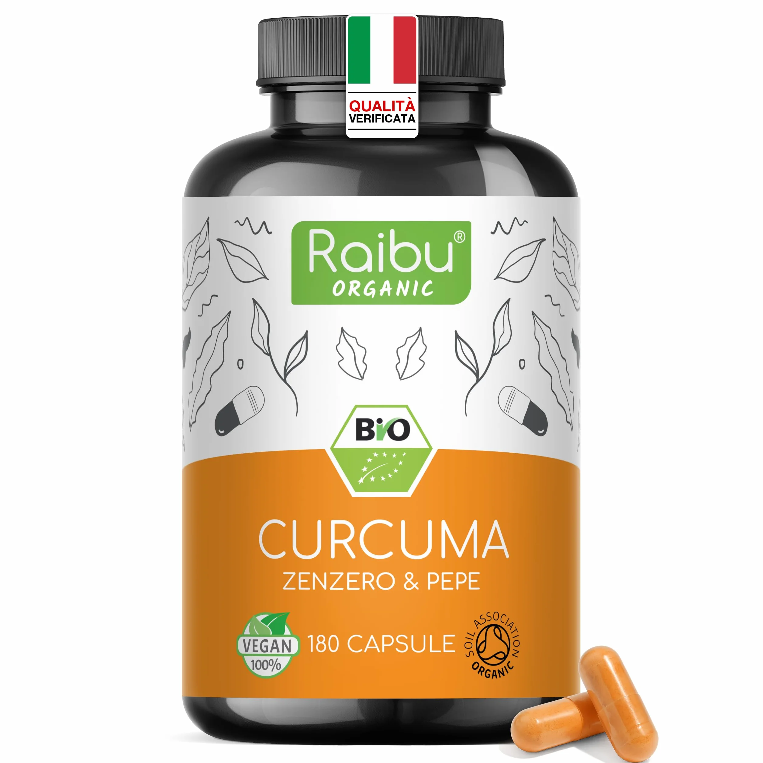 Raibu Curcuma Capsule 1500mg con Piperina e Zenzero Biologico - 180 Capsule - Integratore ad Alto Dosaggio - Vegan, Senza OGM