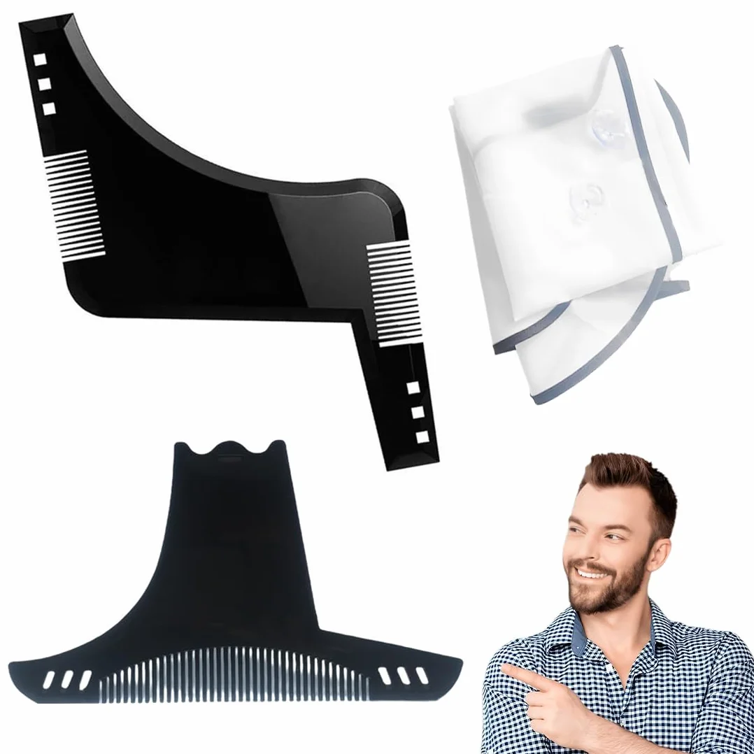 Set di Accessori per Barba:2 Pezzi Stencil Pettine per Barba Uomo+Con 1 Pezzo di Stoffa Bianca,Spazzola da Barba,Regalo da Uomo per il Parrucchiere(Nero)