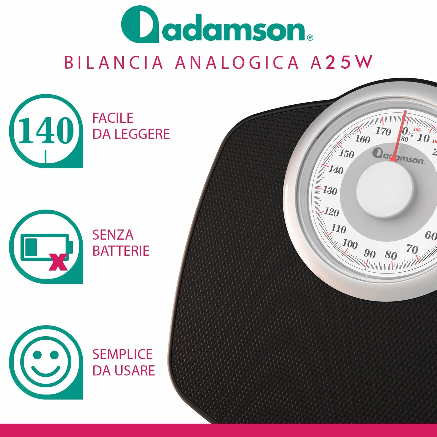 Adamson A25W Bilancia Pesapersone Meccanica, Analogica, Fino a 180 kg, Piedini Anti Scivolo – NUOVA - Durevole, Accurata e precisa – 20 Anni di Garanzia – Camera da Letto e Bagno