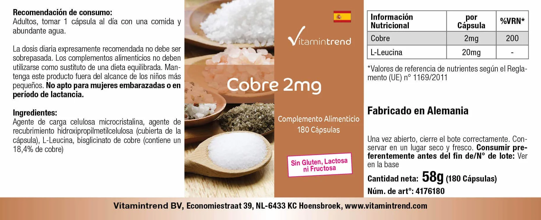 Vitamintrend rame 2 mg, 180 capsule, facili da deglutire, ad alto dosaggio, integratore alimentare vegano senza magnesio stearato, prodotto in Germania