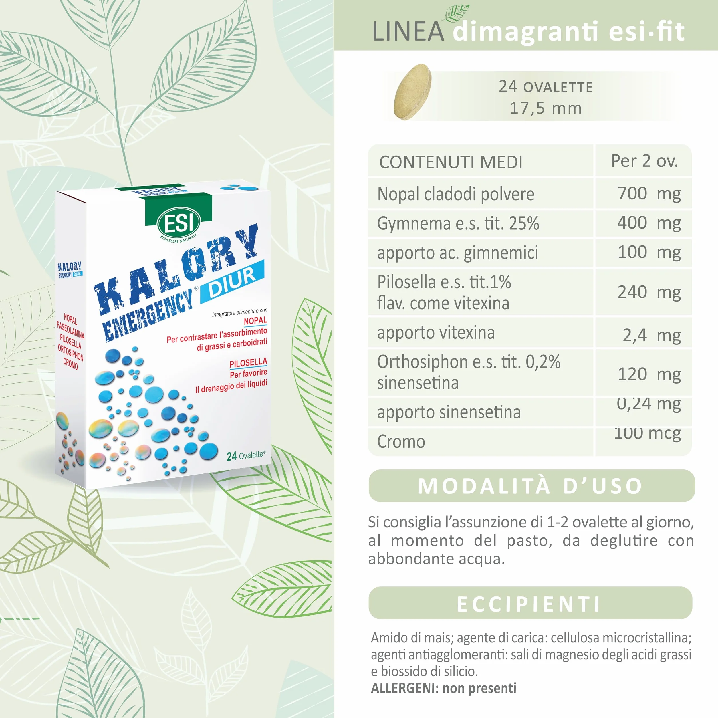 ESI Kalory Emergency Diur Integratore Alimentare Con Nopal E Pilosella, Drenaggio Liquidi, Senza Glutine, 24 Ovalette