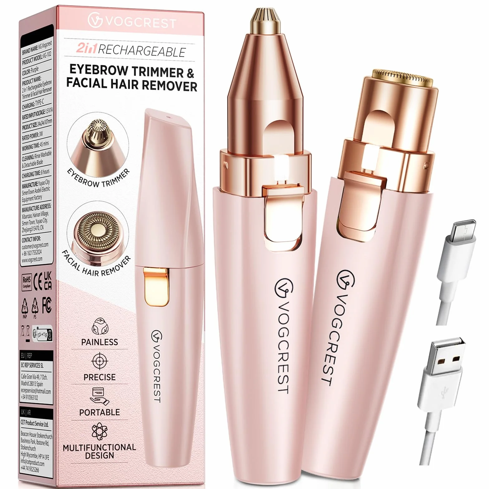VG VOGCREST Rasoio viso per sopracciglia: 2 in 1 ricaricabile per la rimozione dei peli del viso e delle sopracciglia, rasoio per viso, labbra, corpo, indolore, con luce LED integrata (PINK)
