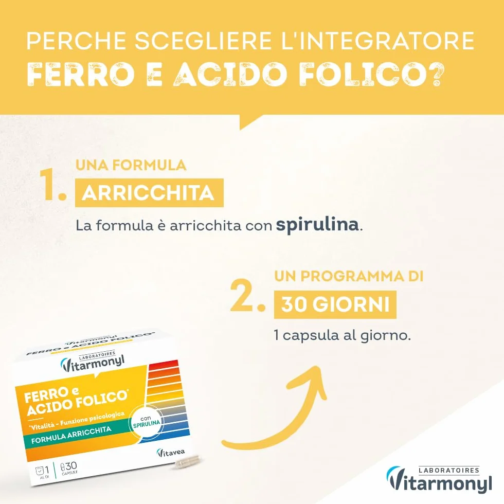 Ferro Acido Folico - Integratore Alimentare a base di Ferro e Acido Folico, con Spirulina - Per il Sistema Immunitario - Multivitaminico - Confezione da 30 capsule - Vitarmonyl