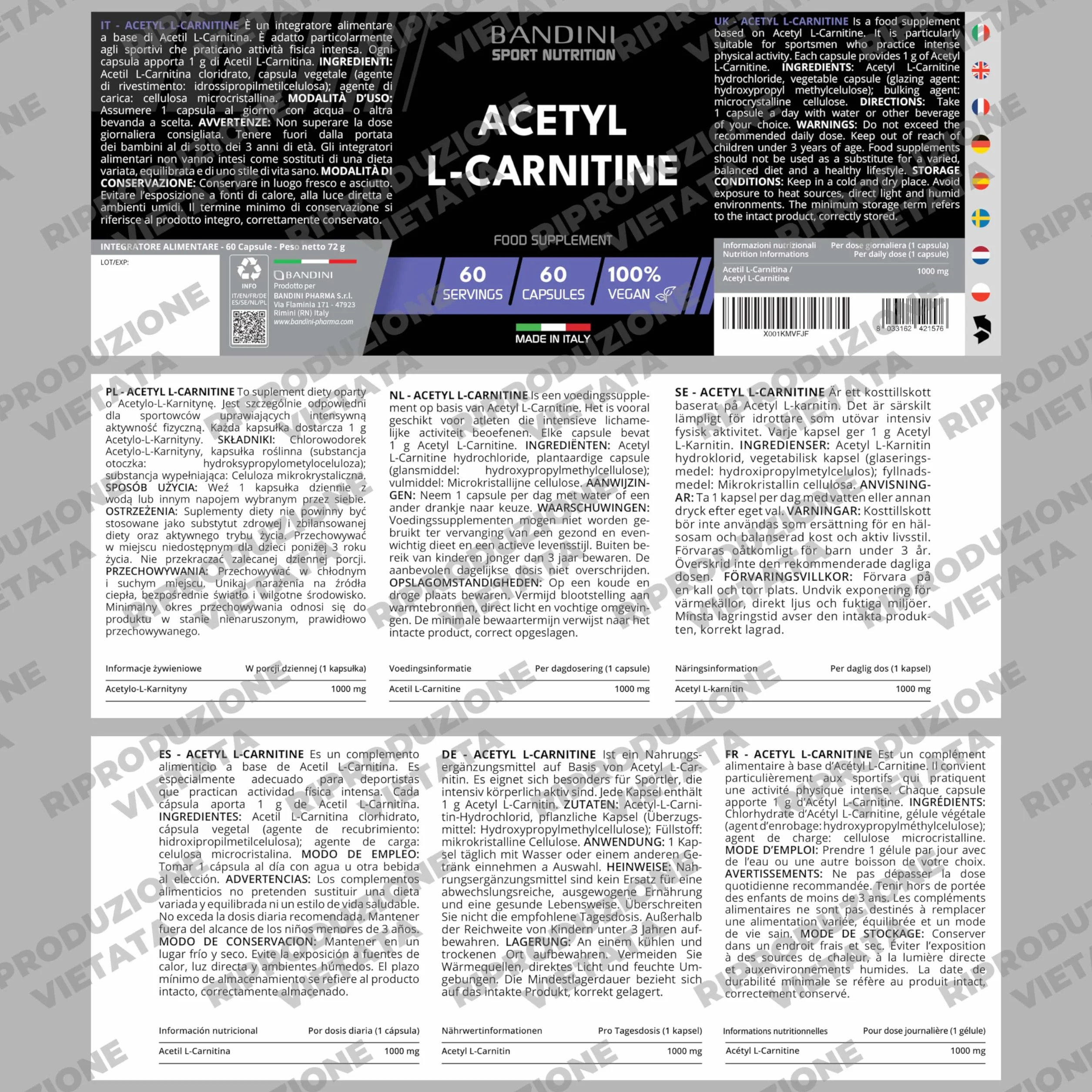 Bandini Acetil L-CARNITINA 1000 mg 60 kapsułek suplement dla sportowców