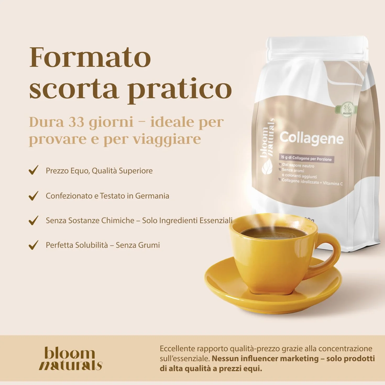 Collagene in Polvere 500g Idrolizzato con Vitamina C Gusto Neutro 33 Porzioni Bovino Peptidi Prodotto in Germania