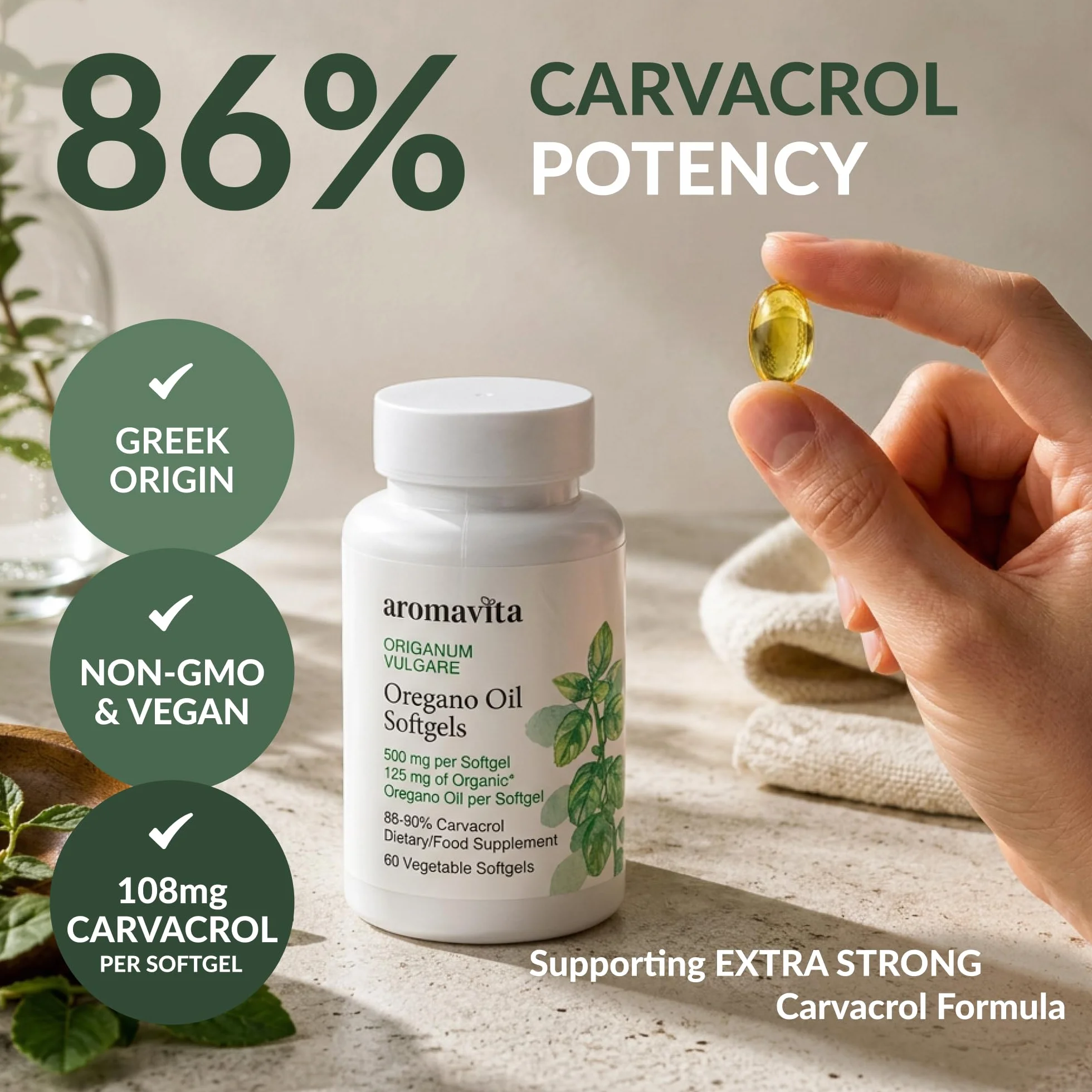 Capsule di Olio di Origano 86-90% Carvacrolo 108 mg Integratore Digestivo Antiossidante Naturale Vegano 60 Capsule