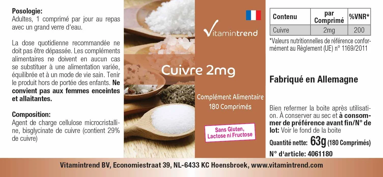 Vitamintrend rame 2 mg, 180 compresse, facili da deglutire, integratore alimentare vegano senza magnesio stearato, prodotto in Germania