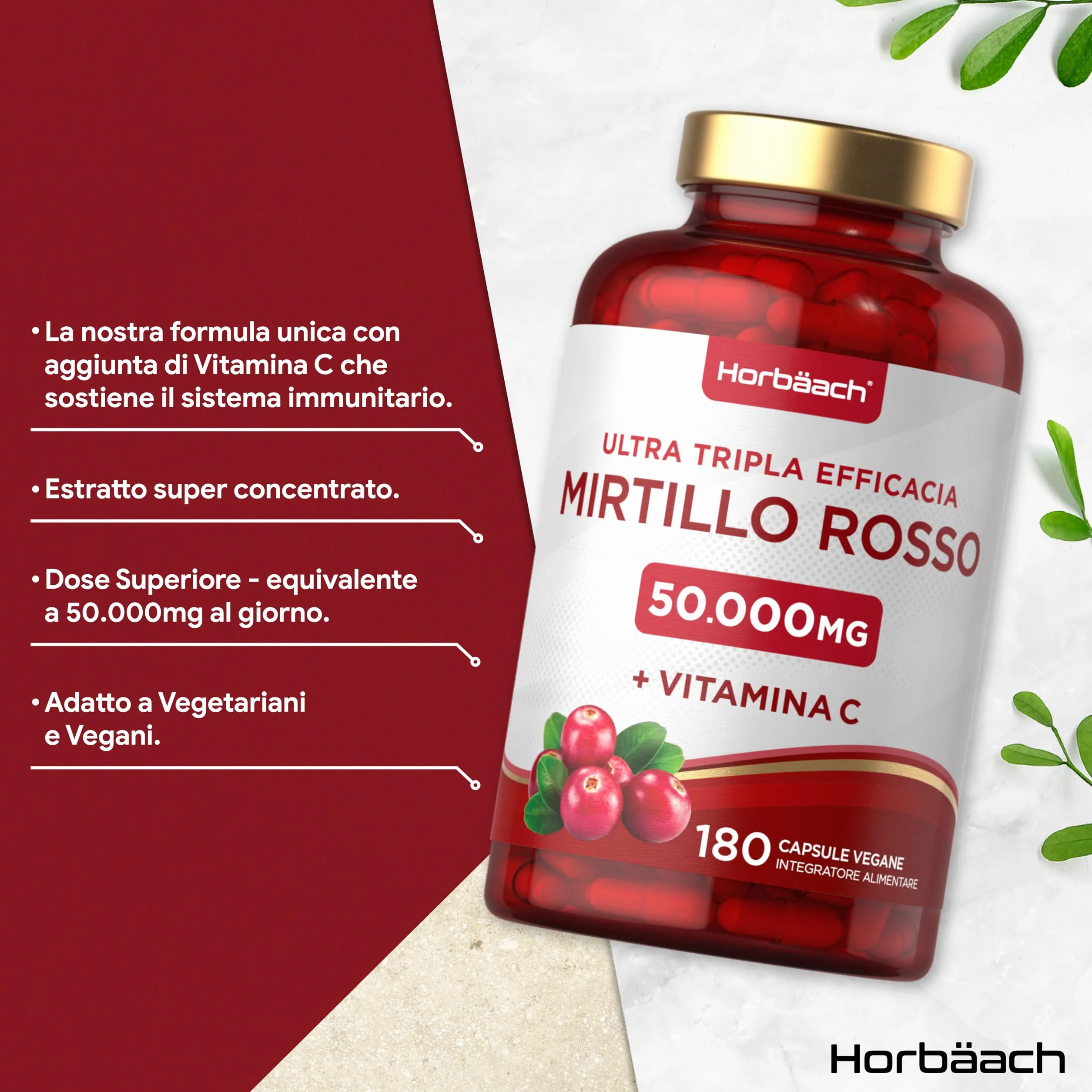 Horbaach Mirtillo Rosso 50000 mg z Witaminą C 180 Kapsułek Wegańskich