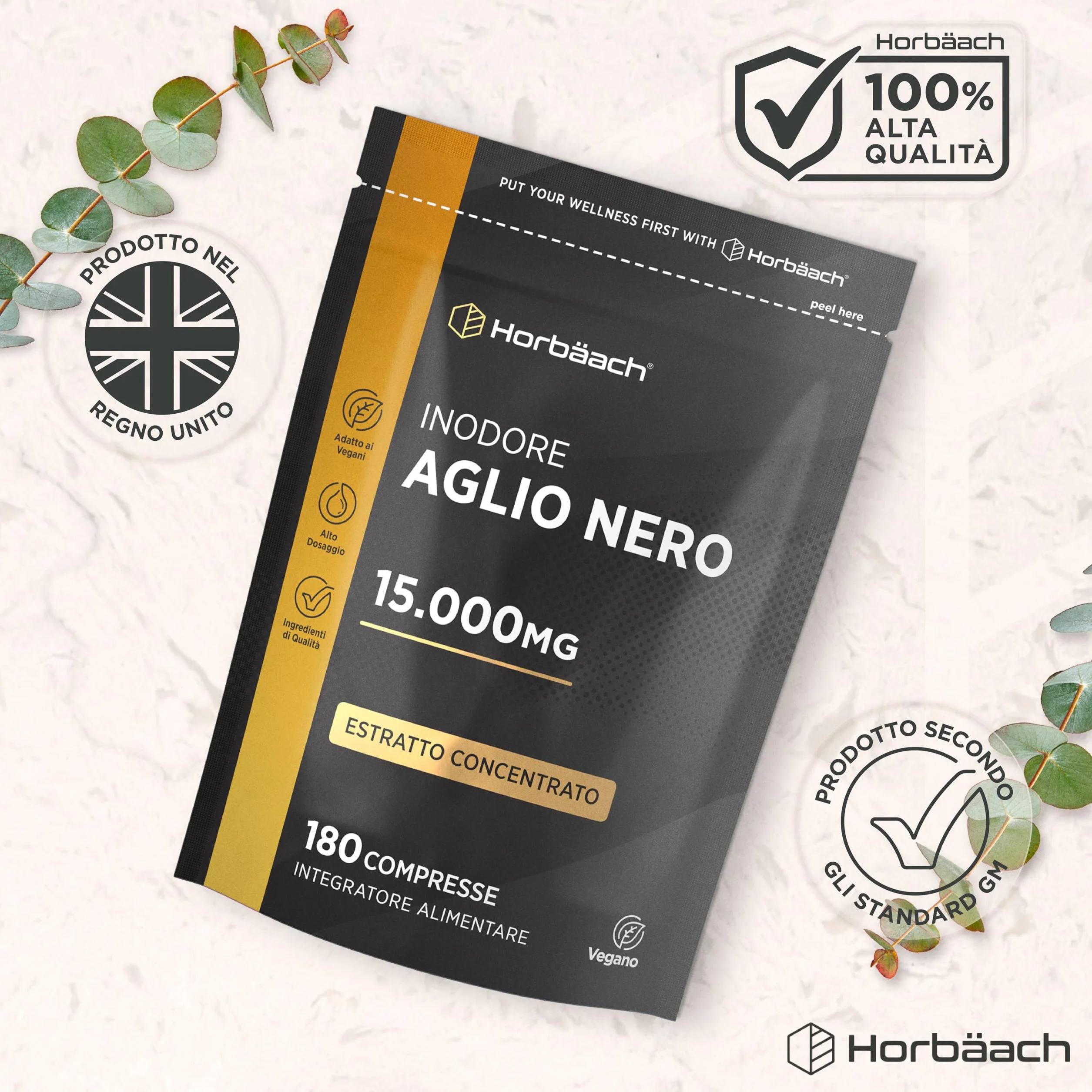 Aglio Nero Fermentato 15000mg | 180 Compresse Vegane | Integratore Inodore e Senza Gusto | Horbaach