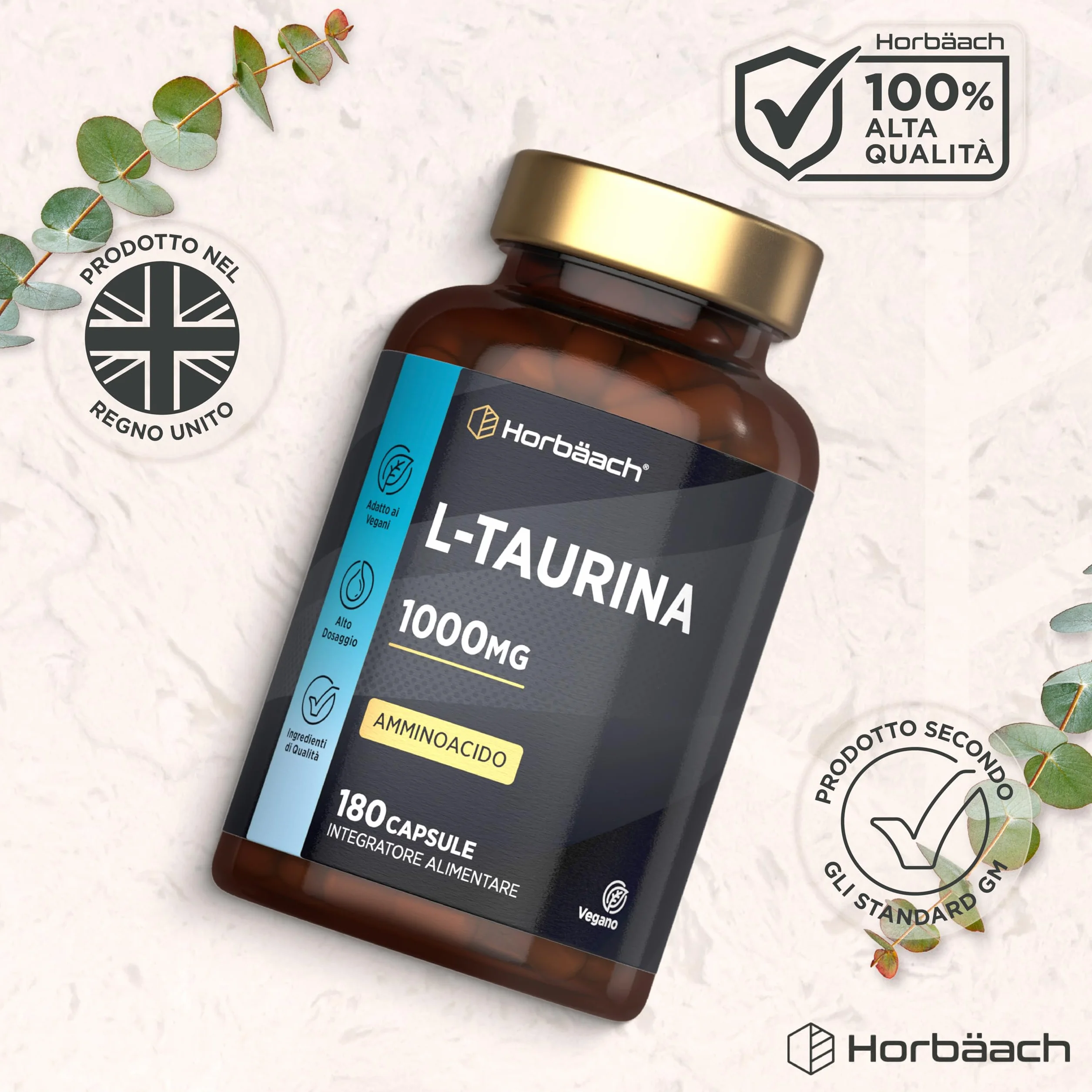 Horbaach Taurina 1000 mg 180 Capsule Vegane Aminoacidi Essenziali Pre Workout Post Workout