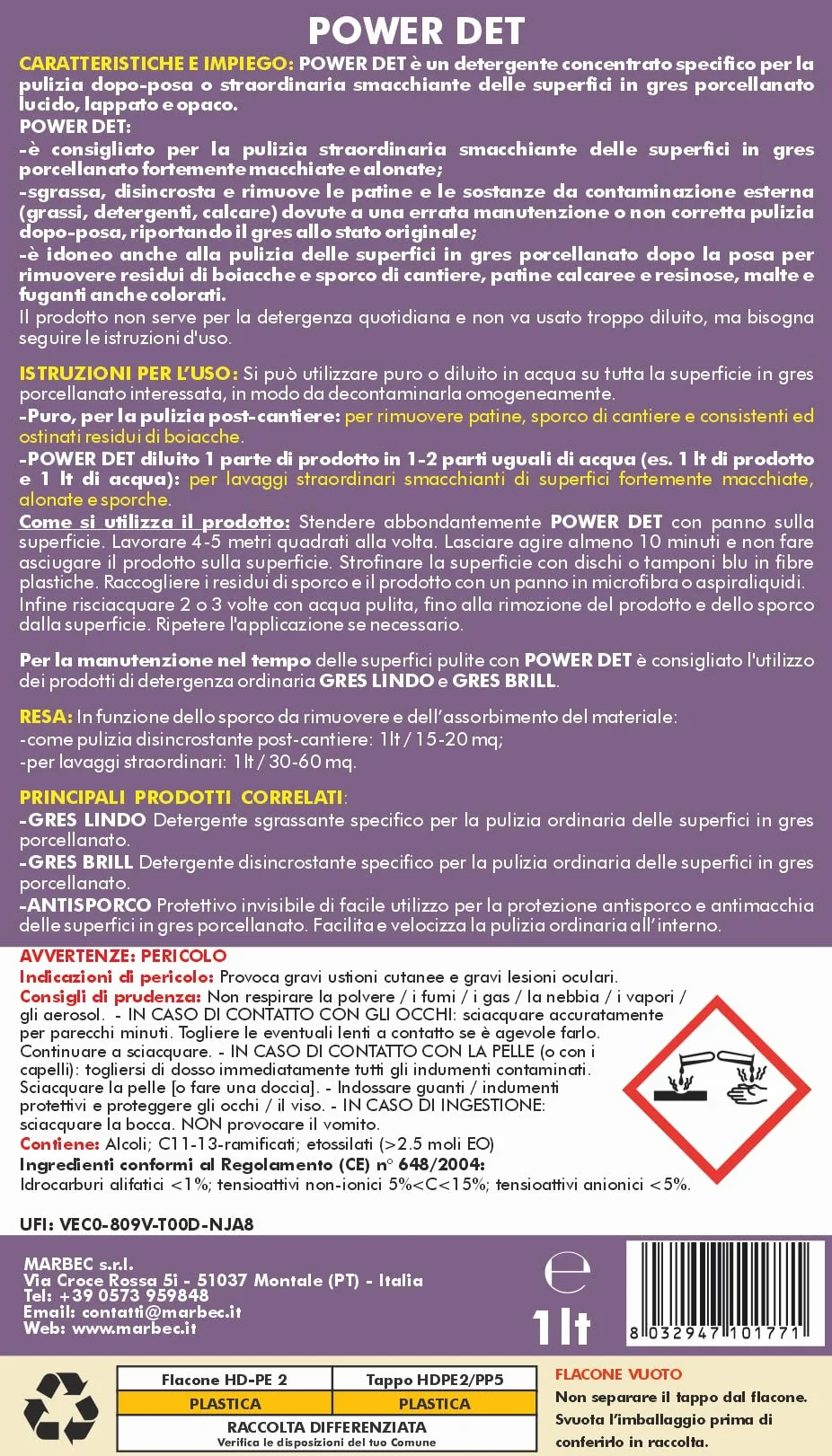 MARBEC Detergente smacchiante e disincrostante per pavimenti in gres porcellanato 1L