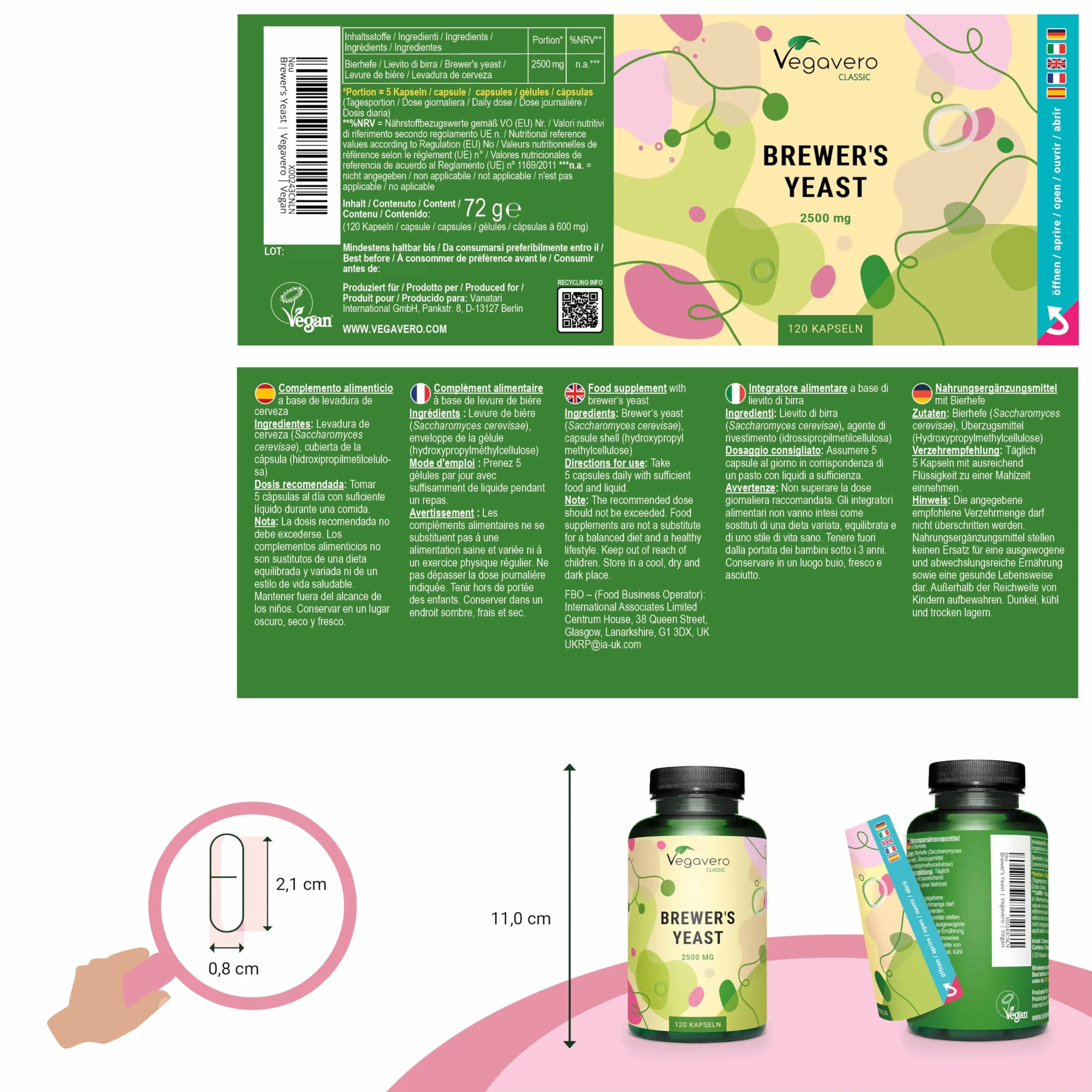 Vegavero® Lievito di Birra 2500 mg 120 Capsule Integratore Capelli Unghie Pelle Biotina Zinco Selenio Vegan