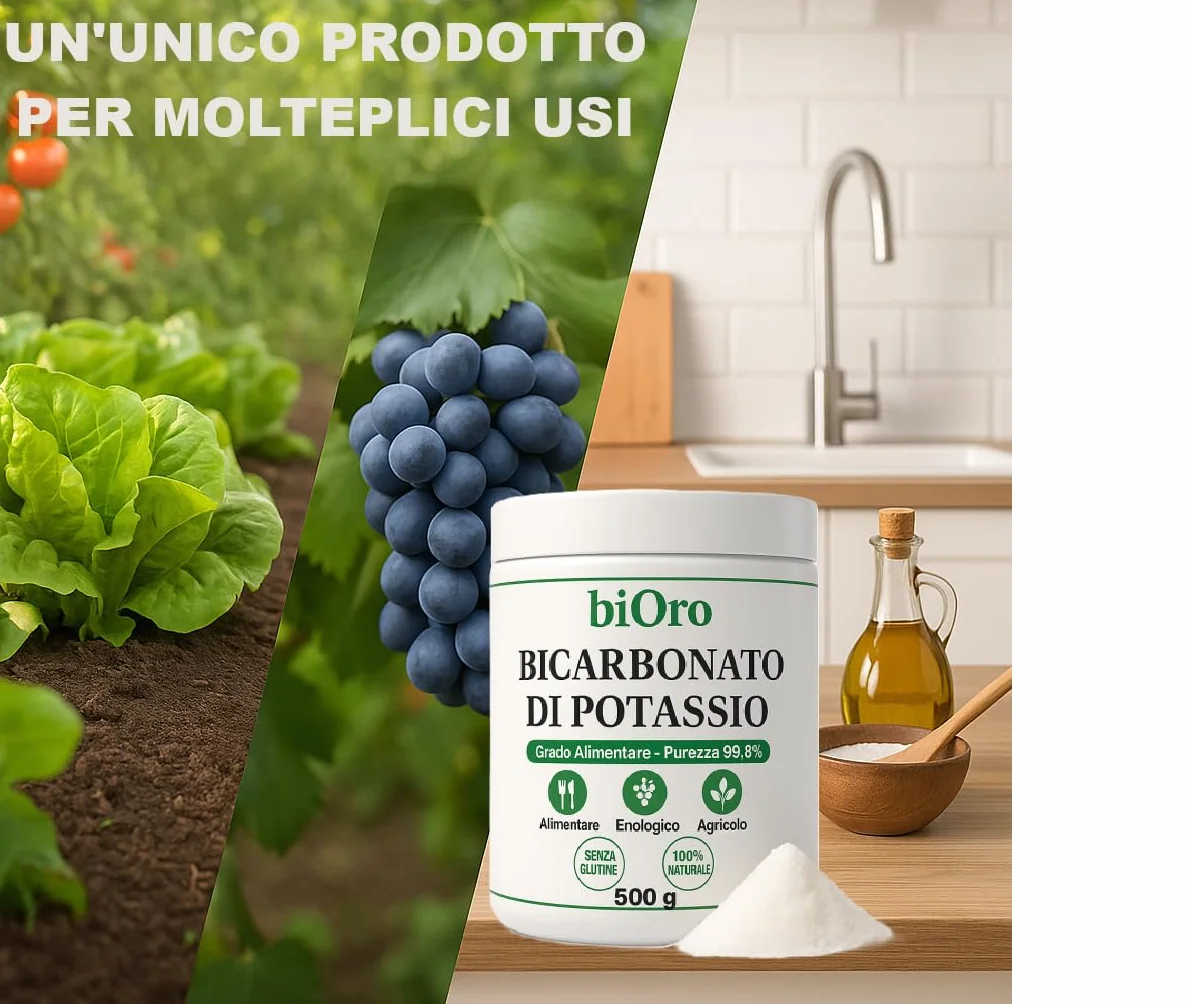 BICARBONATO DI POTASSIO Alimentare biOro 99,8% – 500g – Regolatore Acidità, Antifungino Naturale, Uso Enologico e Agricolo – Grado Alimentare Qualità Premium – Senza Glutine
