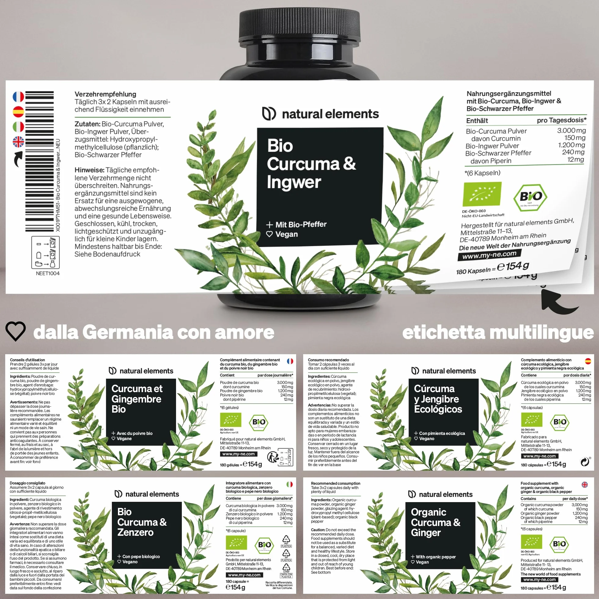 Bio Curcuma & Zenzero 180 capsule curcuma zenzero pepe biologici curcumina piperina alto dosaggio Germania