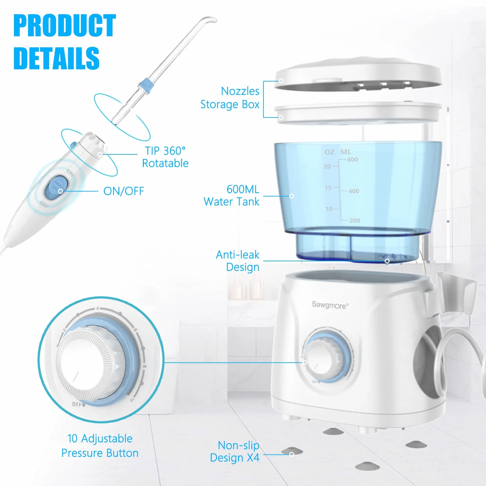 Sawgmore Idropulsore Dentale, irrigatore orale professionale con 8 ugelli multifunzionali, 10 impostazioni di pressione dell'acqua, capacità 600 ml, per Cura Famiglia e Cura Dentale