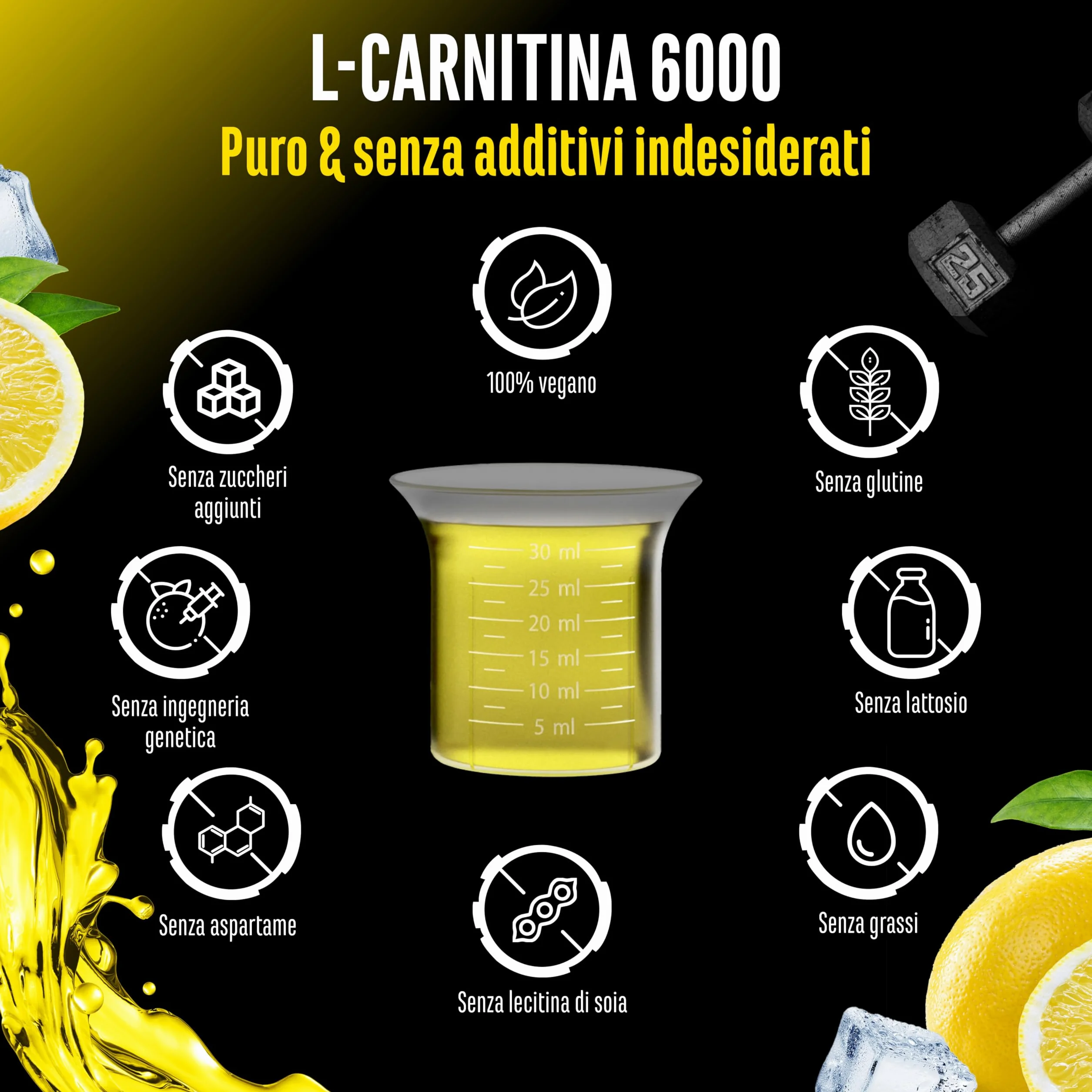 L-Carnitina 6000 Liquido 1000 ml, Integratore con 6000 mg di L-carnitina pura per dose giornaliera, Bevanda aminoacida per l'allenamento, Gusto Lemon Boost, Vegano