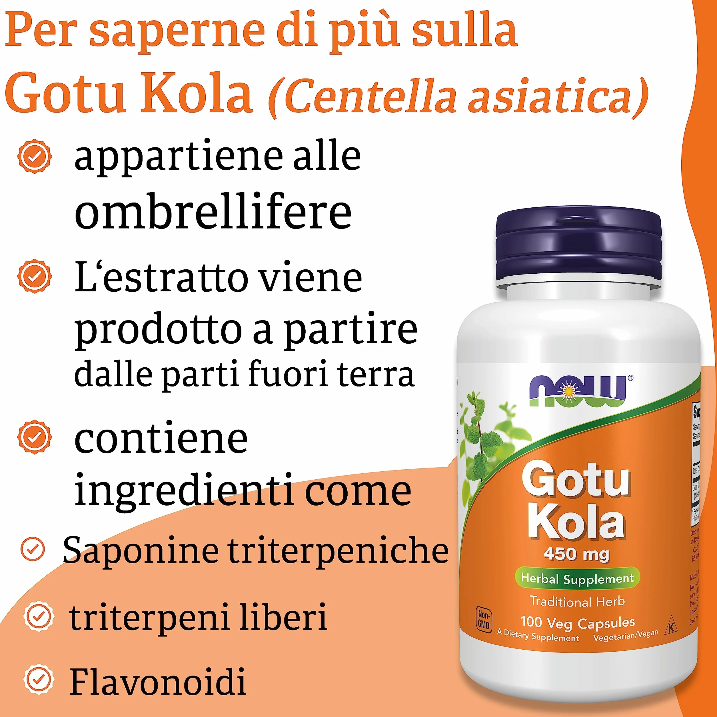 Now Foods Gotu Kola 450 mg 100 Capsule Vegane Senza Glutine Senza Soia