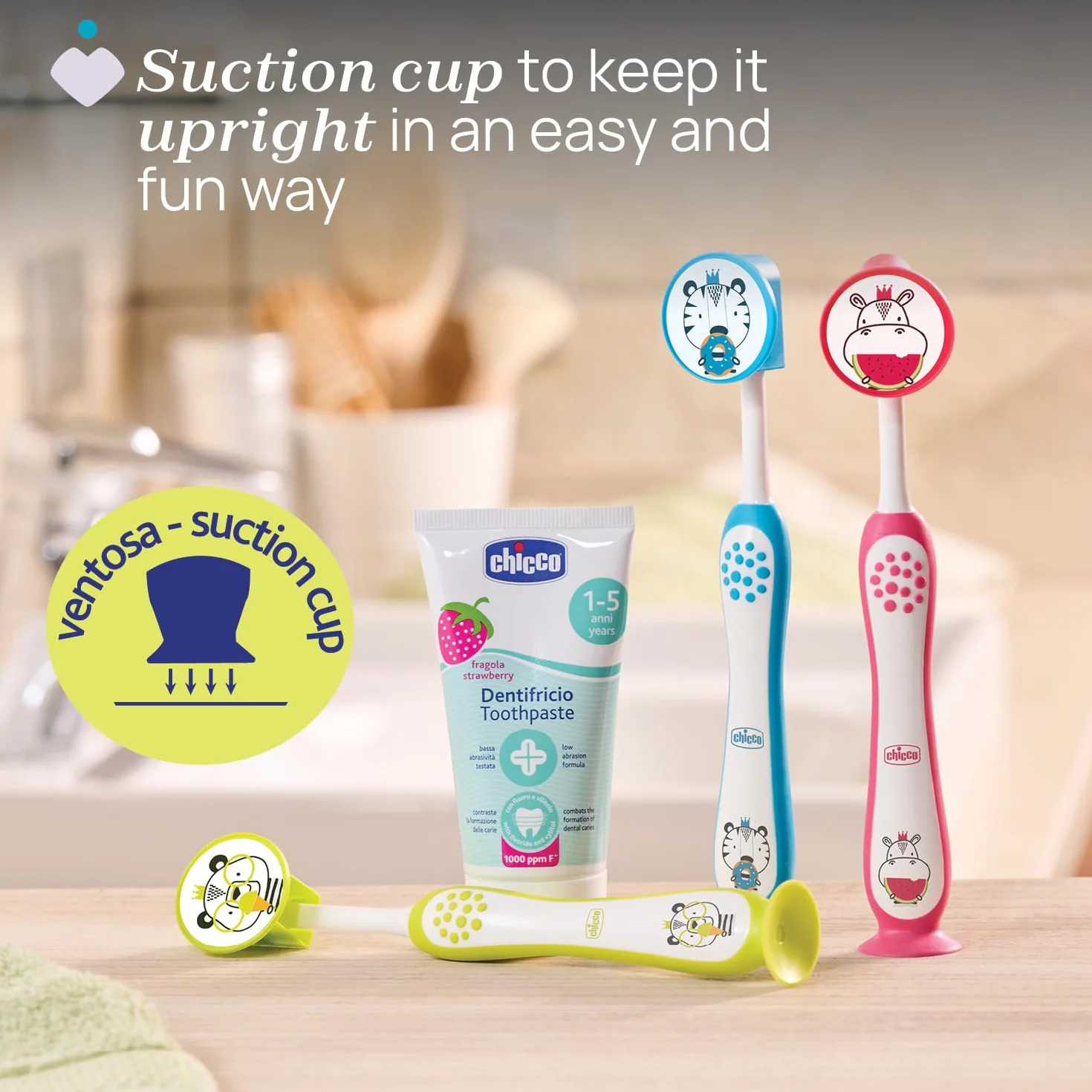 Chicco Set 2 Spazzolini da Denti per Bambini con Ventosa, Testina Arrotondata, Setole Morbide Delicate su Gengive e Dentini, Ampio Manico Antiscivolo, Coprisetole Incluso, 3-6 Anni, 2 Pezzi, Bimbo