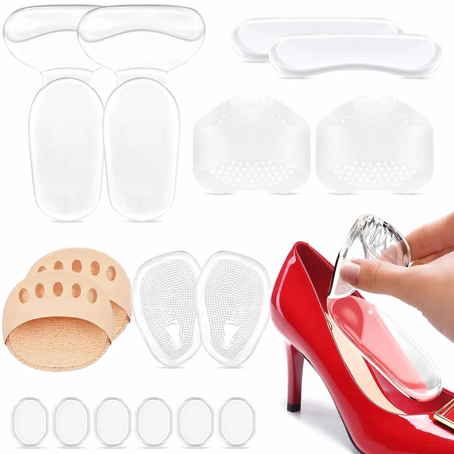 16 pezzi Set di cuscinetti per pianta del piede, solette per tacchi alti, solette antiscivolo in gel, cuscinetti per pianta del piede riutilizzabili, solette in gel per tacchi alti, sollievo dal