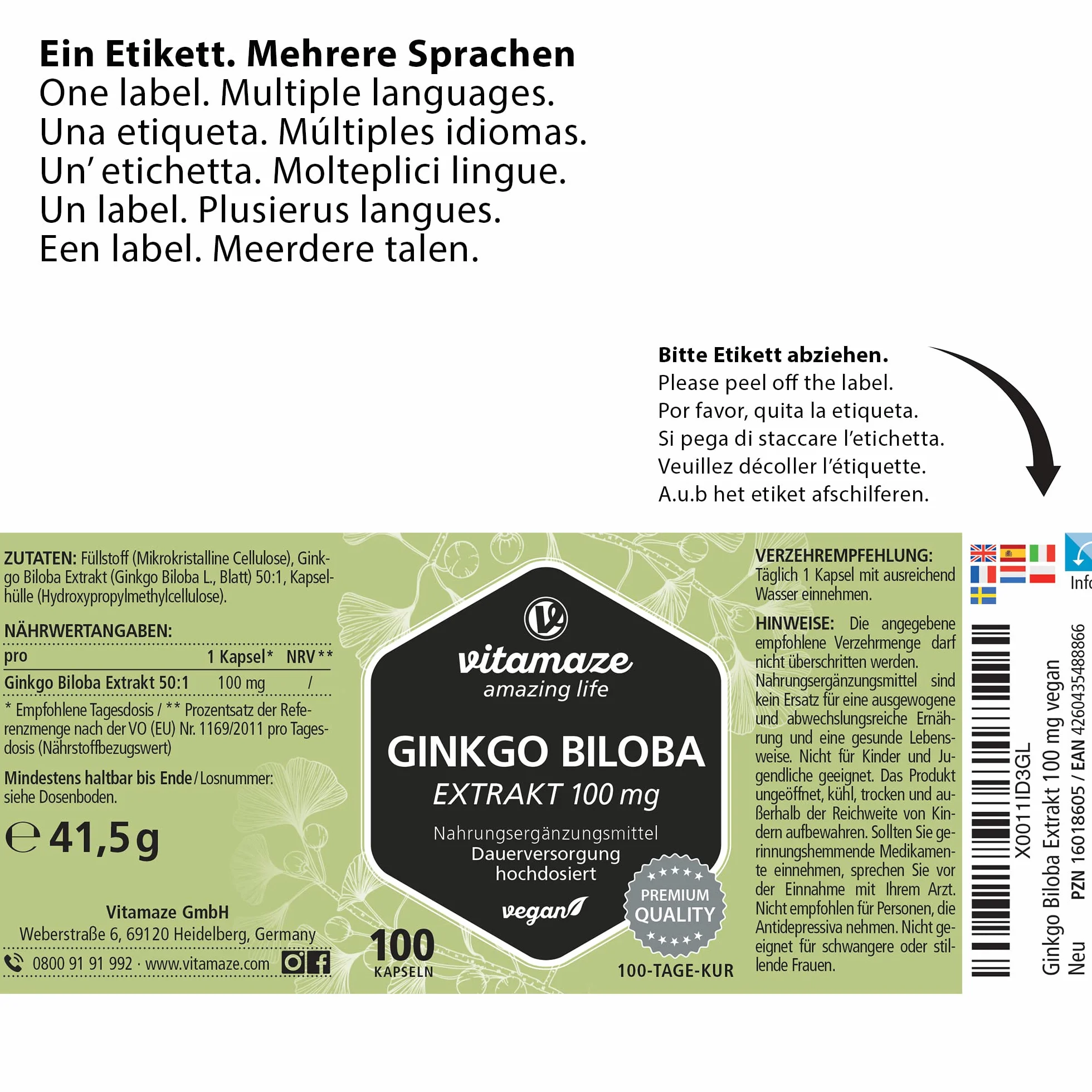 Ginkgo Biloba 50:1 Estratto 100 mg 5000 mg Polvere di Foglie di Ginkgo Puro Capsula Vegana 100 Capsule Integratore Alimentare