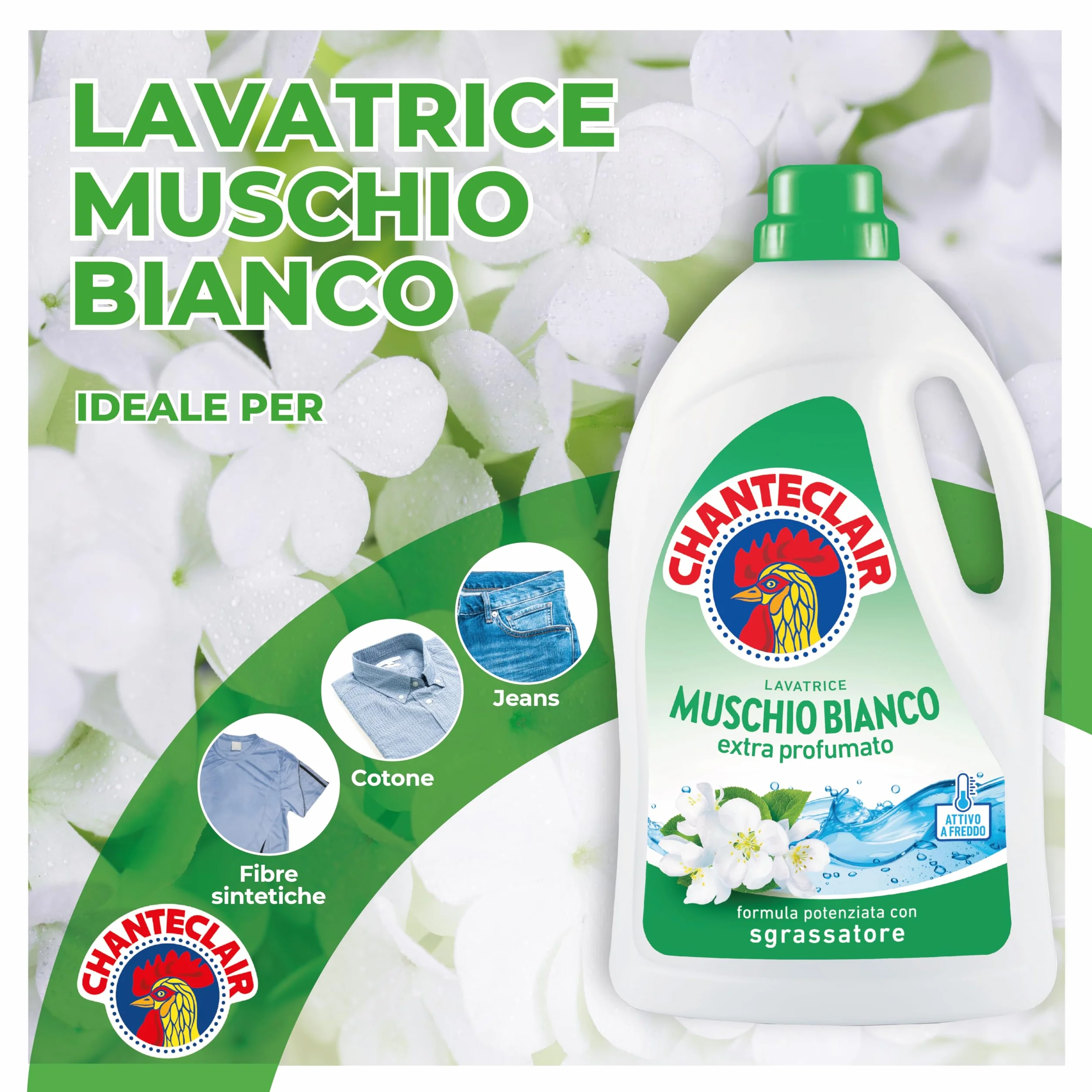 Chanteclair - Detersivo per Lavatrice, Profumo Muschio Bianco, Formula Concentrata, con Vero Sgrassatore - 3 Flaconi da 1260 ml