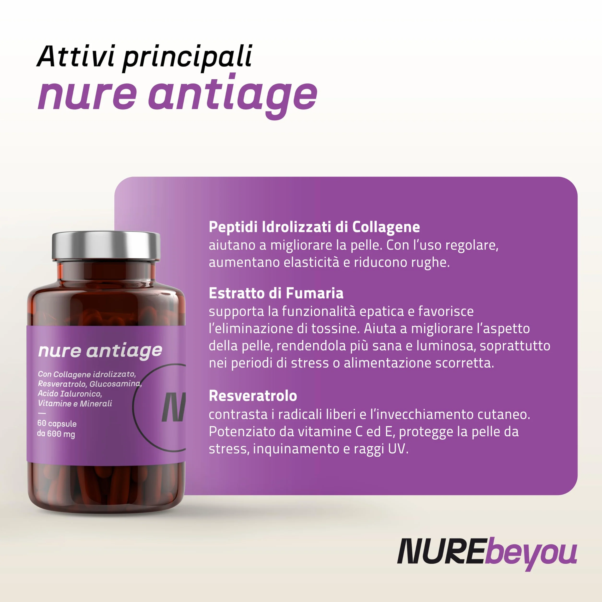 NURE Antiage 60cps Integratore Anti-invecchiamento Collagene Acido Ialuronico Viso