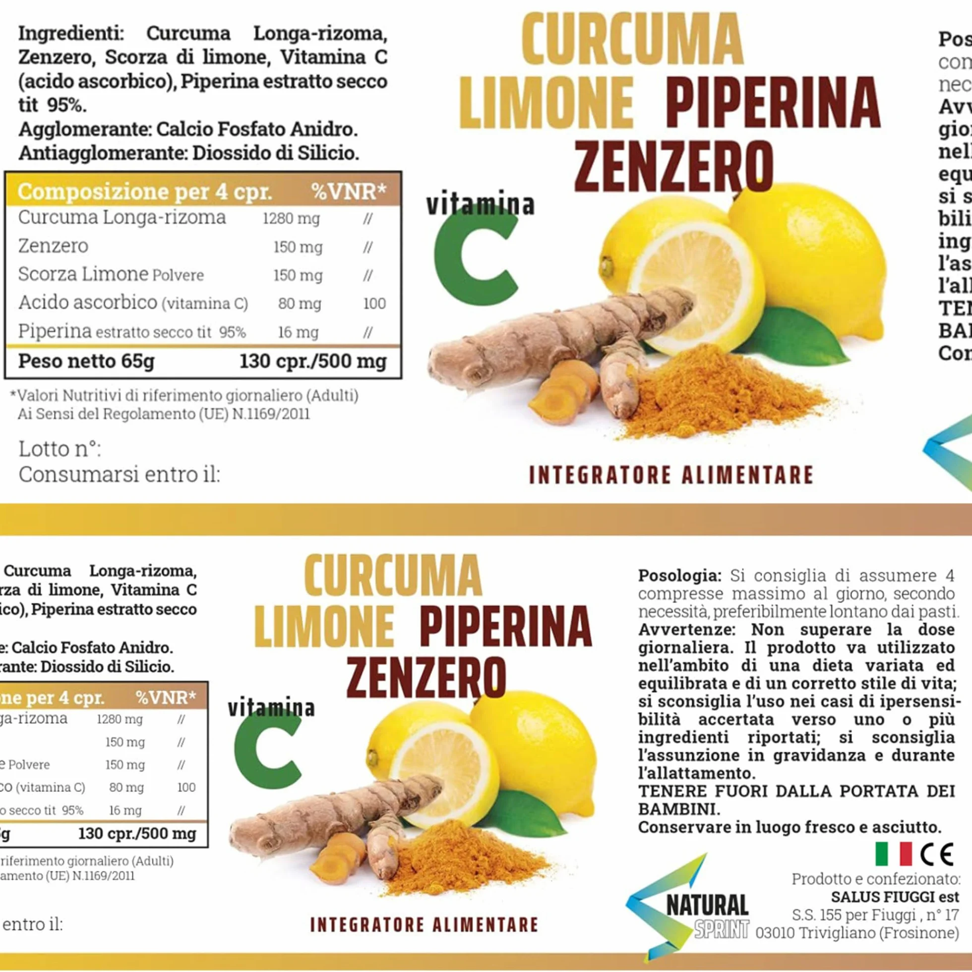 Curcuma 5000 mg Vitamina C Piperina Zenzero 130 Compresse Vegane Senza Zuccheri Senza Glutine Made in Italy
