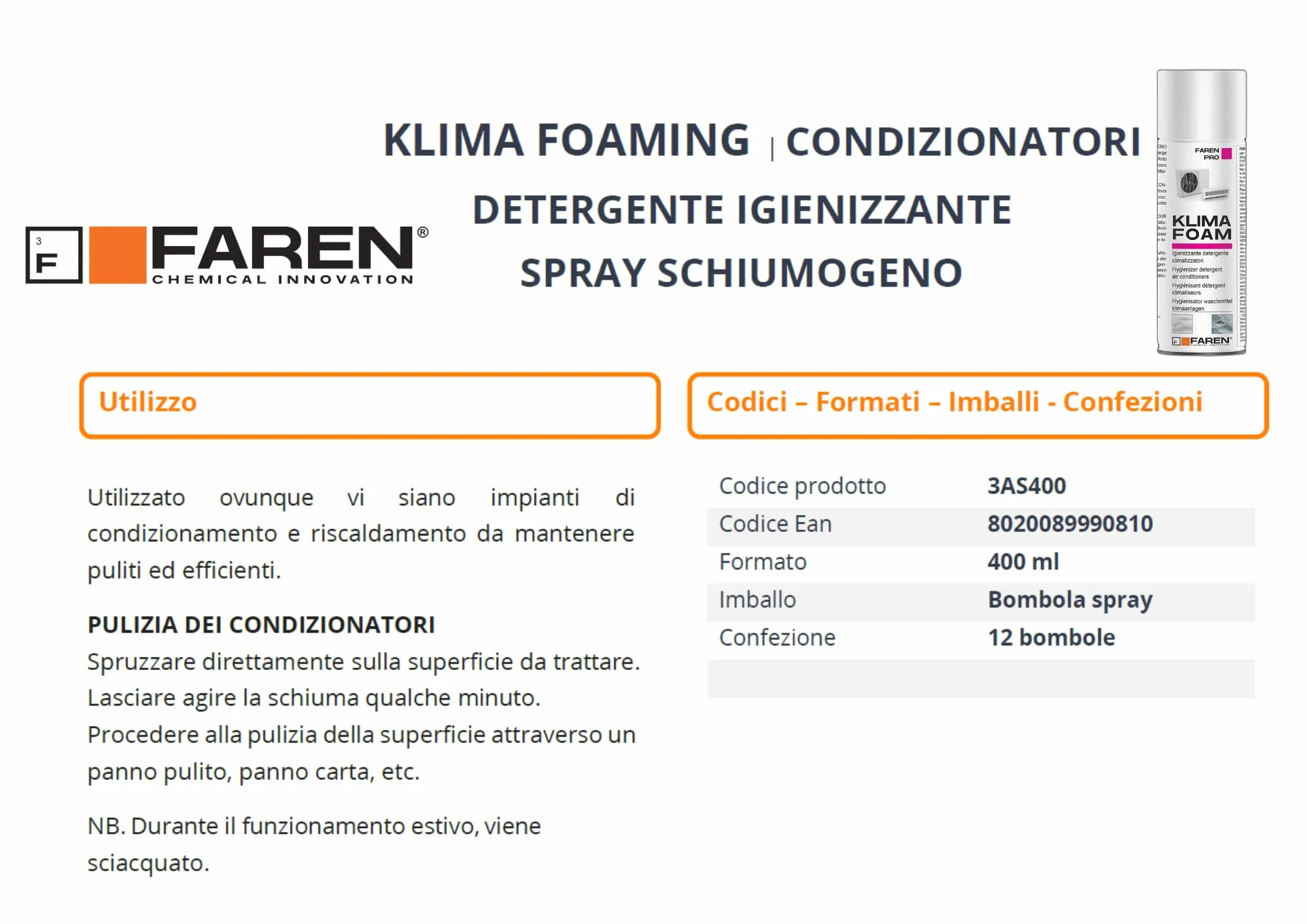 KLIMA FOAM Faren Detergente Igienizzante Spray Schiumogeno per Condizionatori 400ml