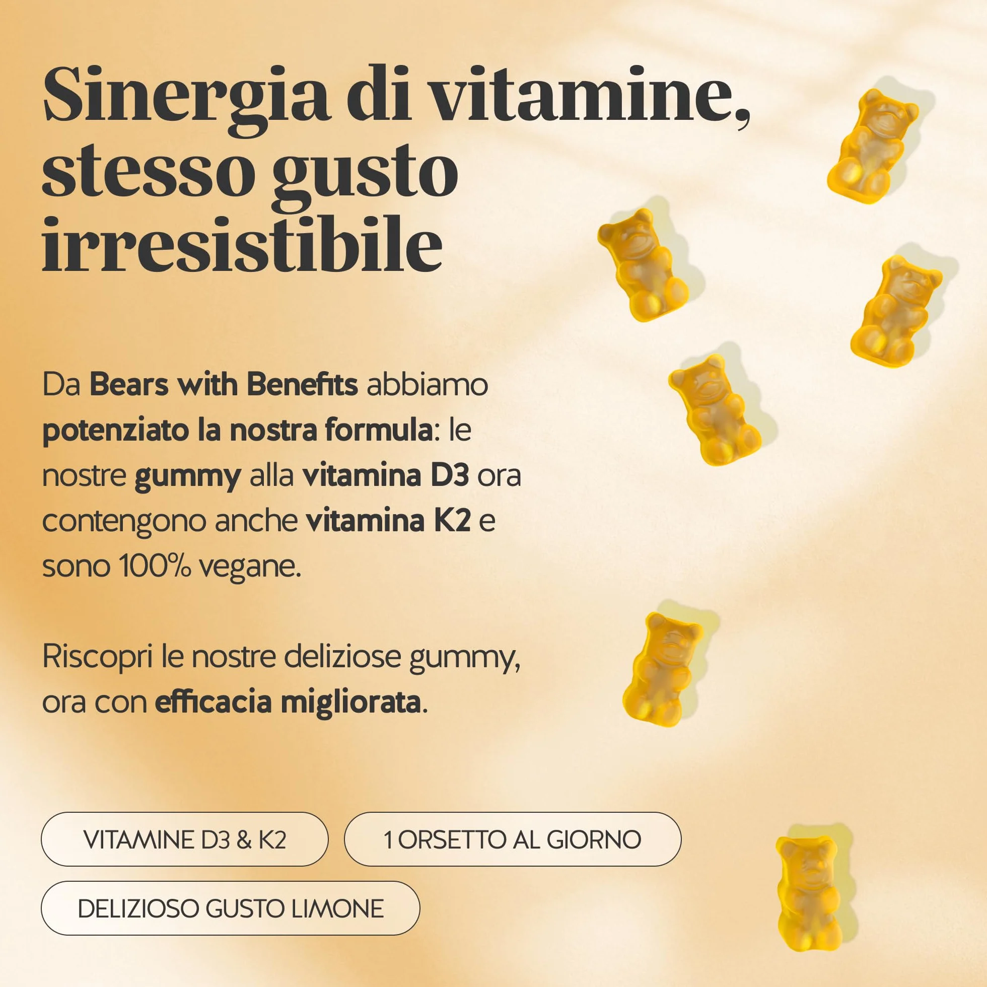 Vitamina D3 K2 - Hey Sunshine – Caramelle gommose con Vitamina D3 25 µg (1000 UI) e K2 – Funzione normale del sistema immunitario – 30 pezzi (1 mese) – Senza zucchero, Vegane – Bears with Benefits