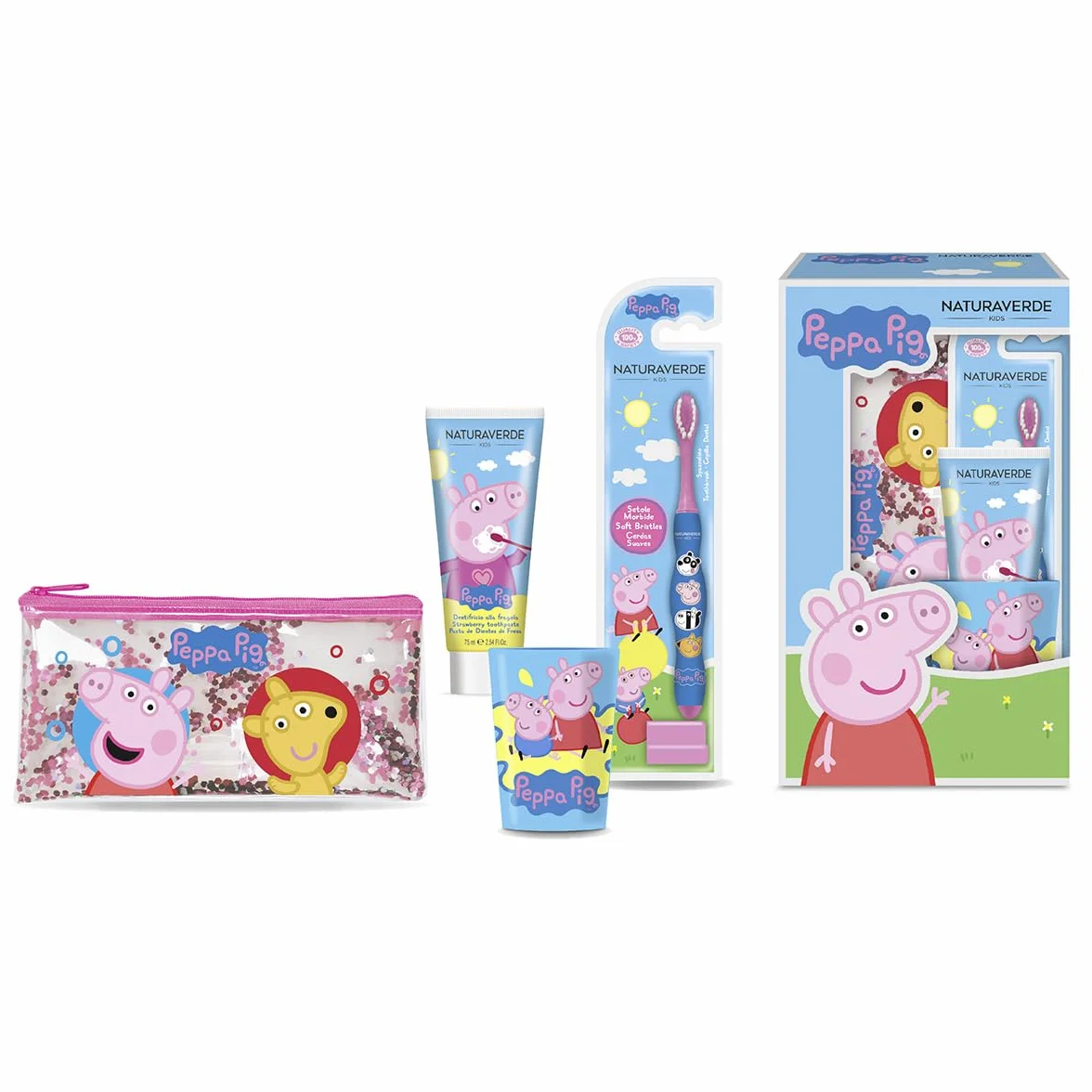 Naturaverde | Peppa Pig Gift Set Oral Care, Spazzolino da Denti Manuale, Dentifricio Bambini Gusto Fragola 75ml, Bicchierino e Pochette Glitter