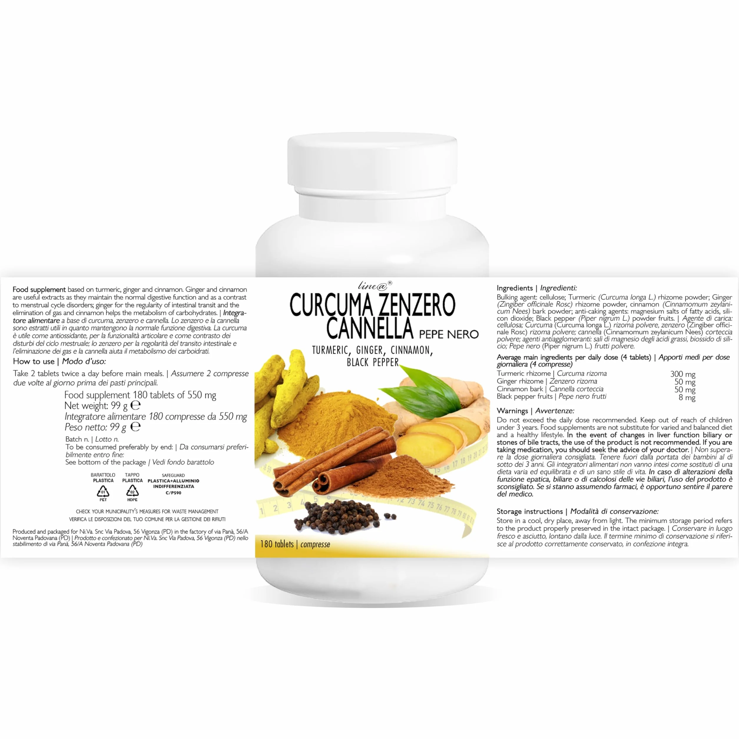 CURCUMA ZENZERO CANNELLA e pepe nero Line@ 180 compresse antiossidante digestione articolare