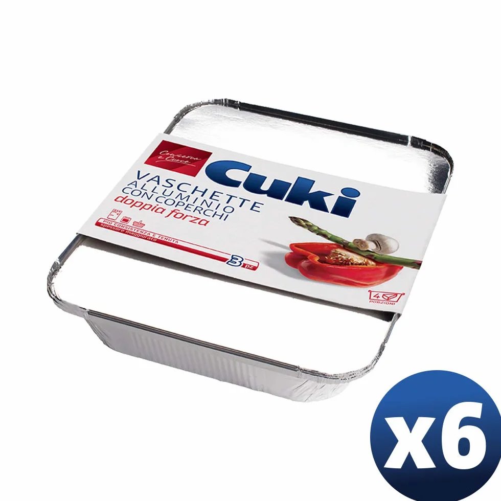 Cuki Vaschette Alluminio con Coperchi Doppia Forza 4 Porzioni Rettangolari R75L 6 Confezioni da 3 Pezzi