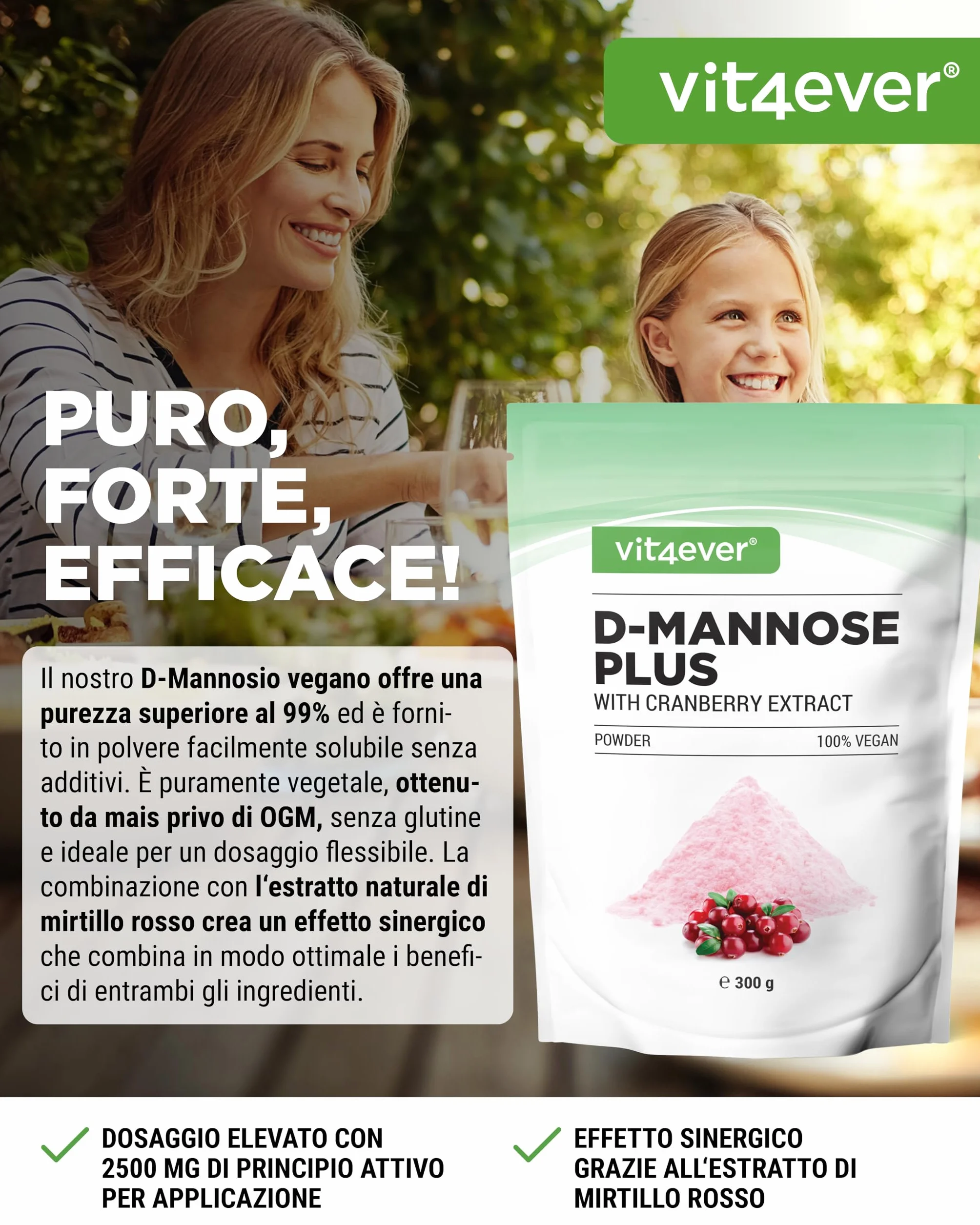 Vit4ever D-Mannosio in Polvere con Cranberry 2000 mg + 500 mg - 300 g - 120 Applicazioni - Vegano