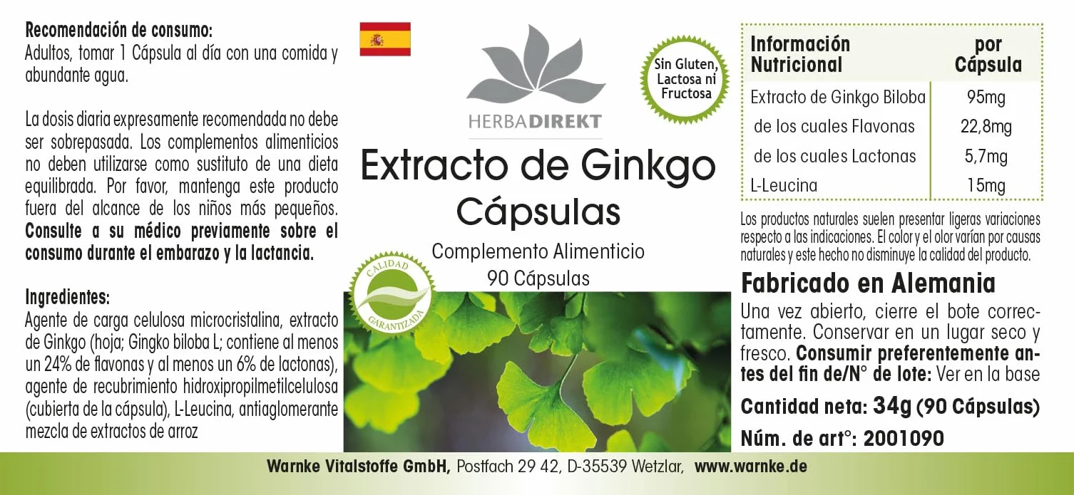 Estratto Ginkgo Biloba capsule 95mg - 90 capsule - almeno 24% di flavoni e almeno 6% di lattoni | HERBADIREKT by Warnke Vitalstoffe - Qualità da farmacia tedesca