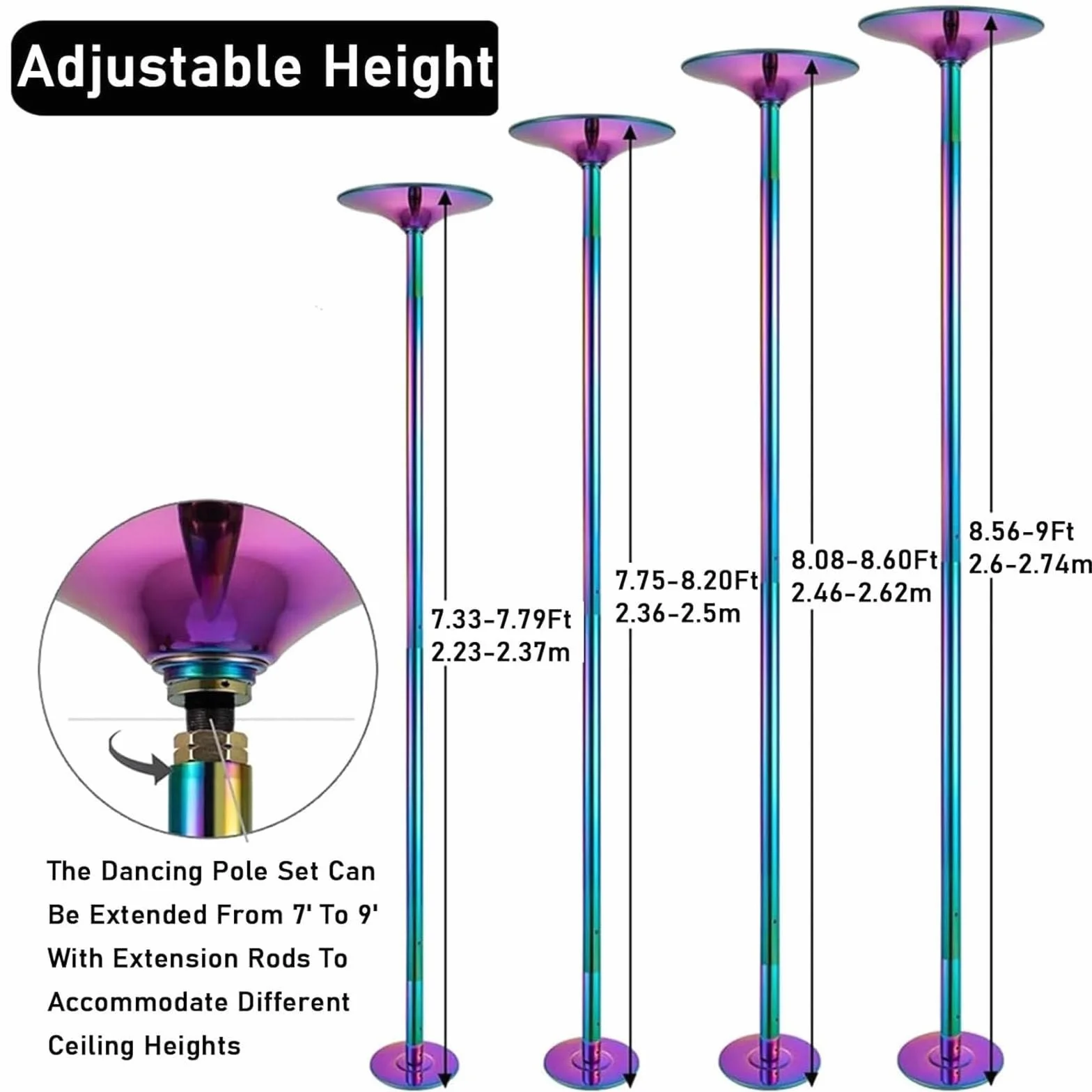 Pole Dance Pole 45 mm Statica Rotante Regolabile 2,23-2,74 m