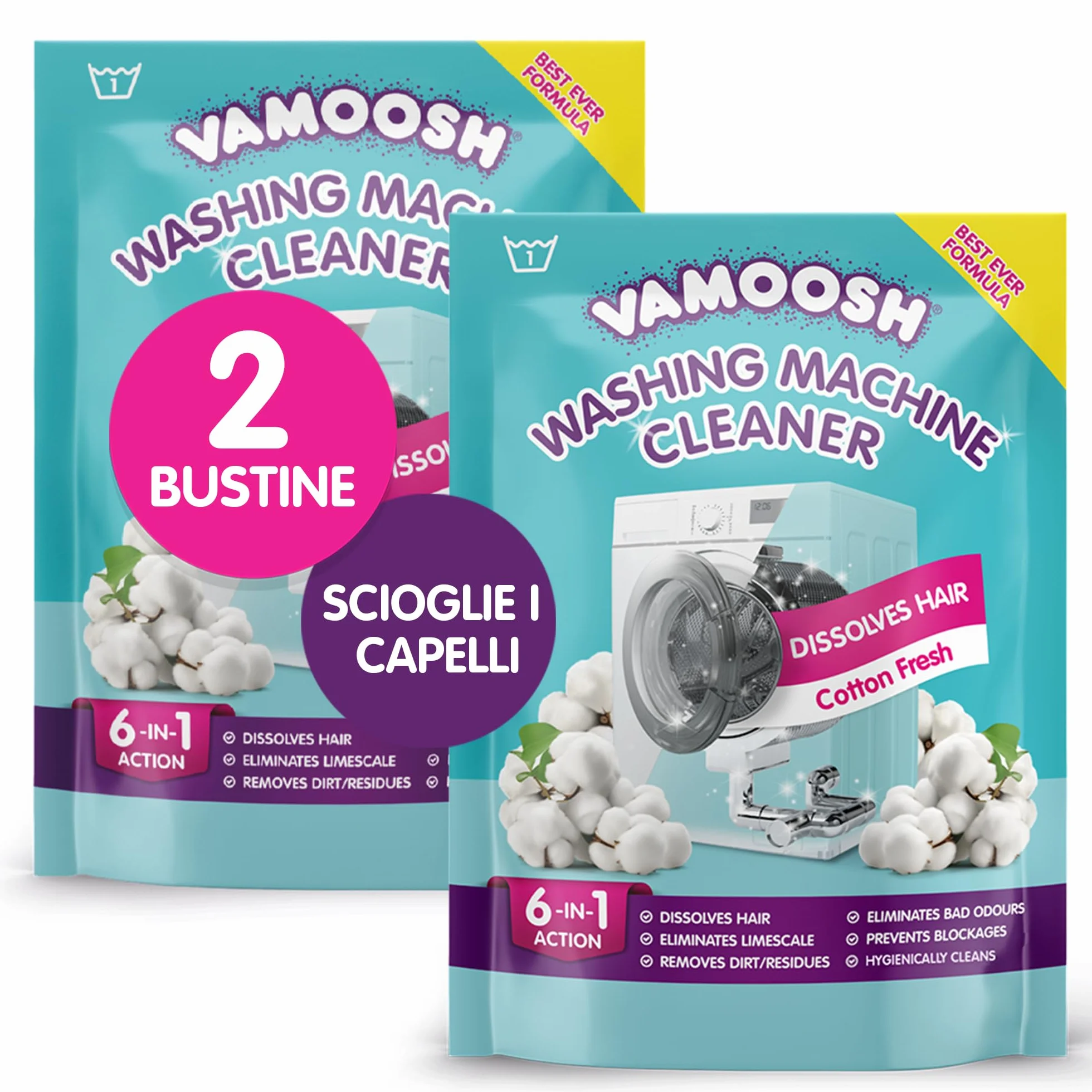 Vamoosh Pulitore Lavatrice 6 in 1, Profumo Cotone Fresco, Antibatterico, Disincrosta, 2 Lavaggi