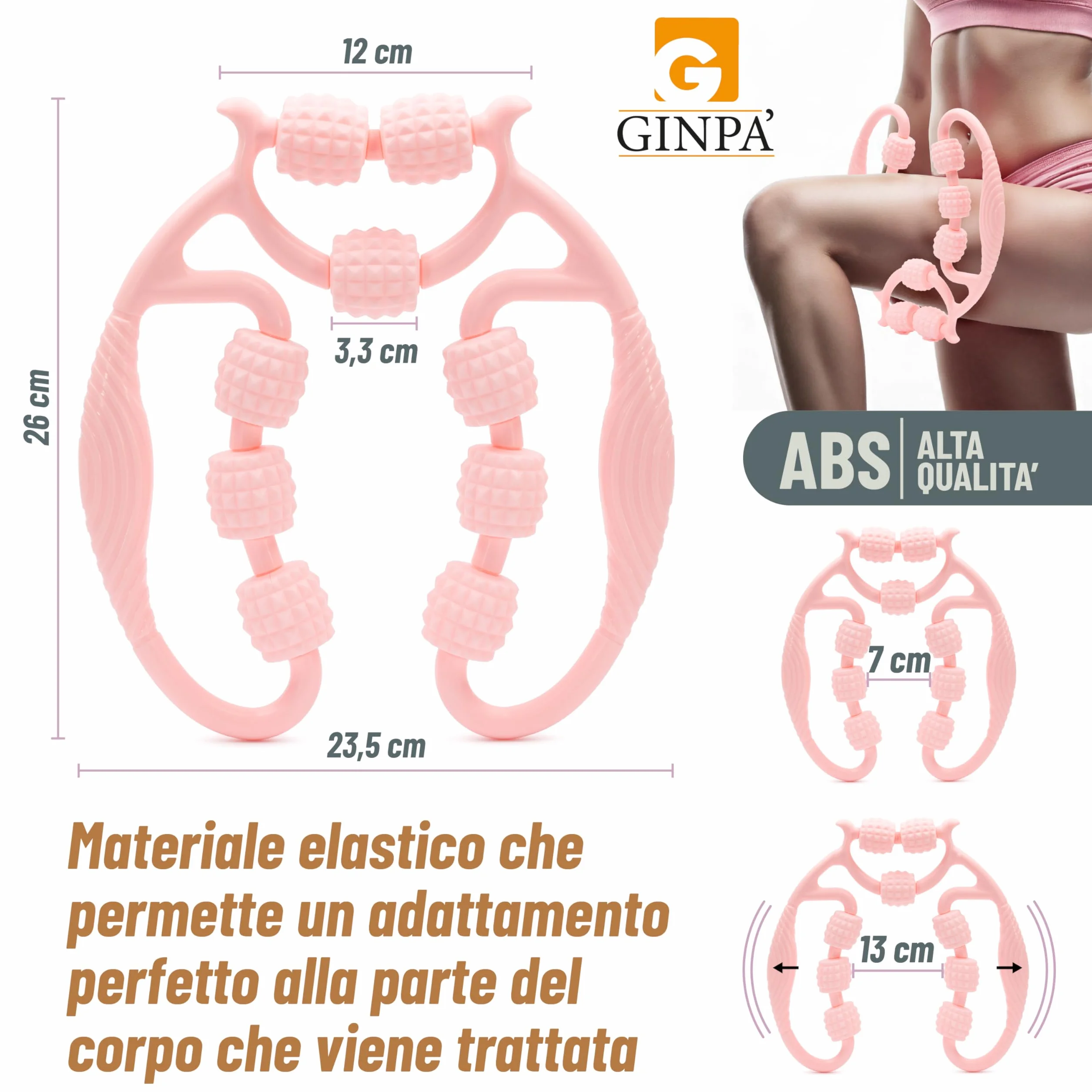 Rullo Anticellulite Manuale a 9 Ruote GINPA' – E-Book incluso - Massaggiatore Gambe, Cosce e Glutei – Massaggio Muscolare Profondo – Forma Ergonomica in ABS Resistente – Anti-Lividi, Facile da Usare