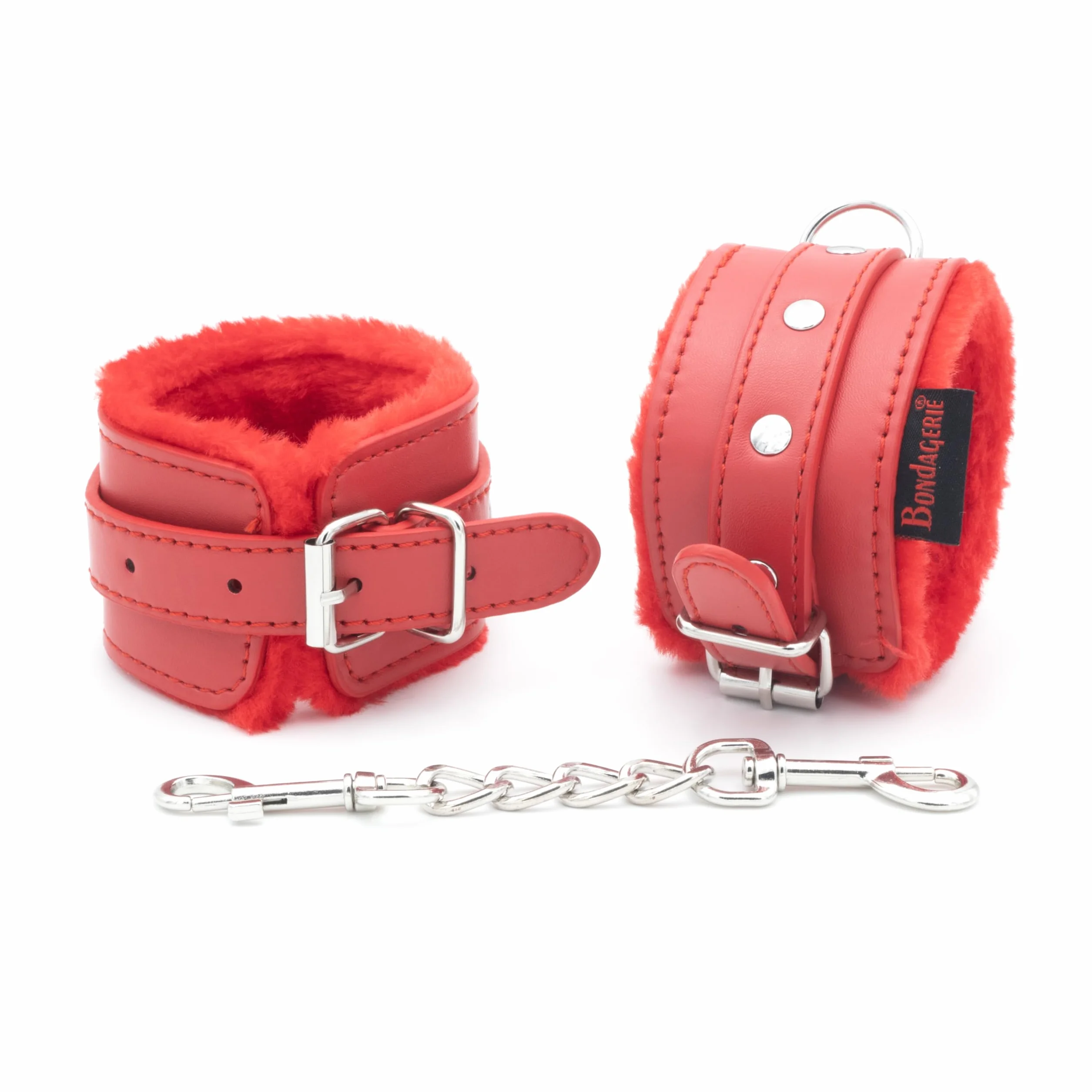 BONDAGERIE® Manette per coppia pelose peluche sexishop rosse 100% materiale sicuro, donna uomo lui lei