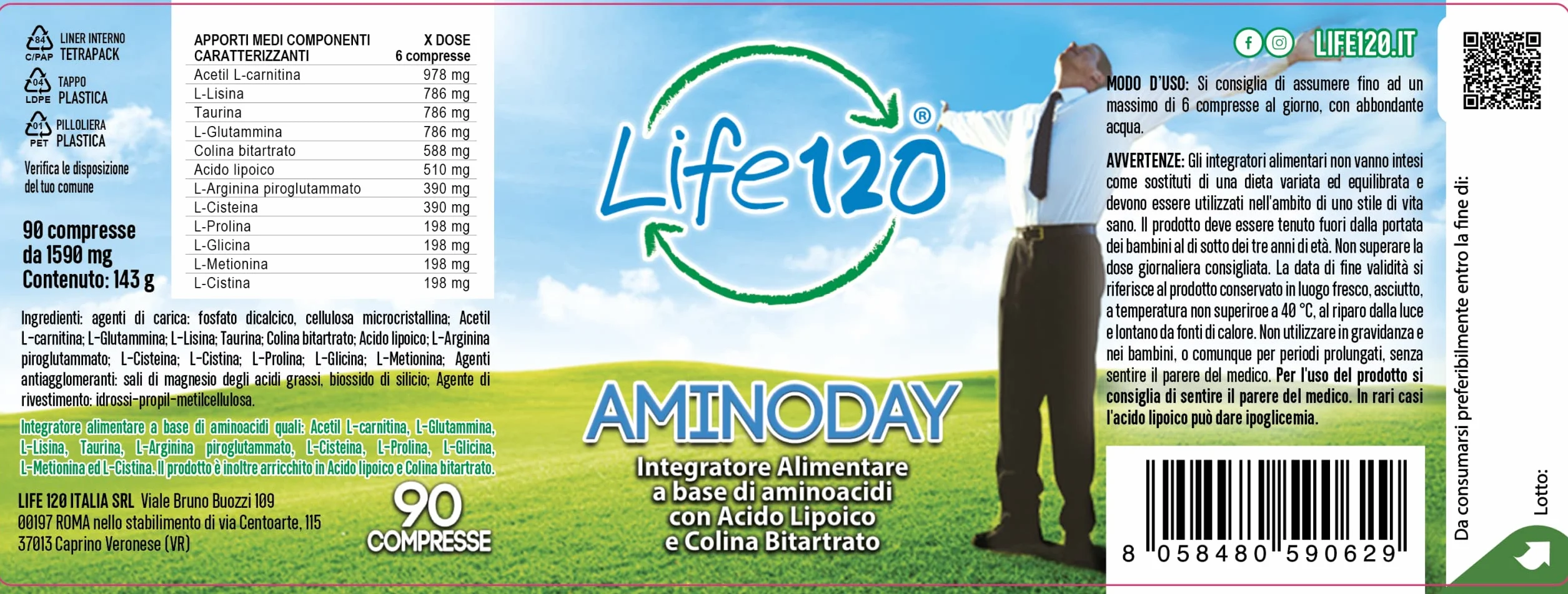 Life120 Aminoday 90 compresse Integratore alimentare aminoacidi Acido Alfa Lipoico
