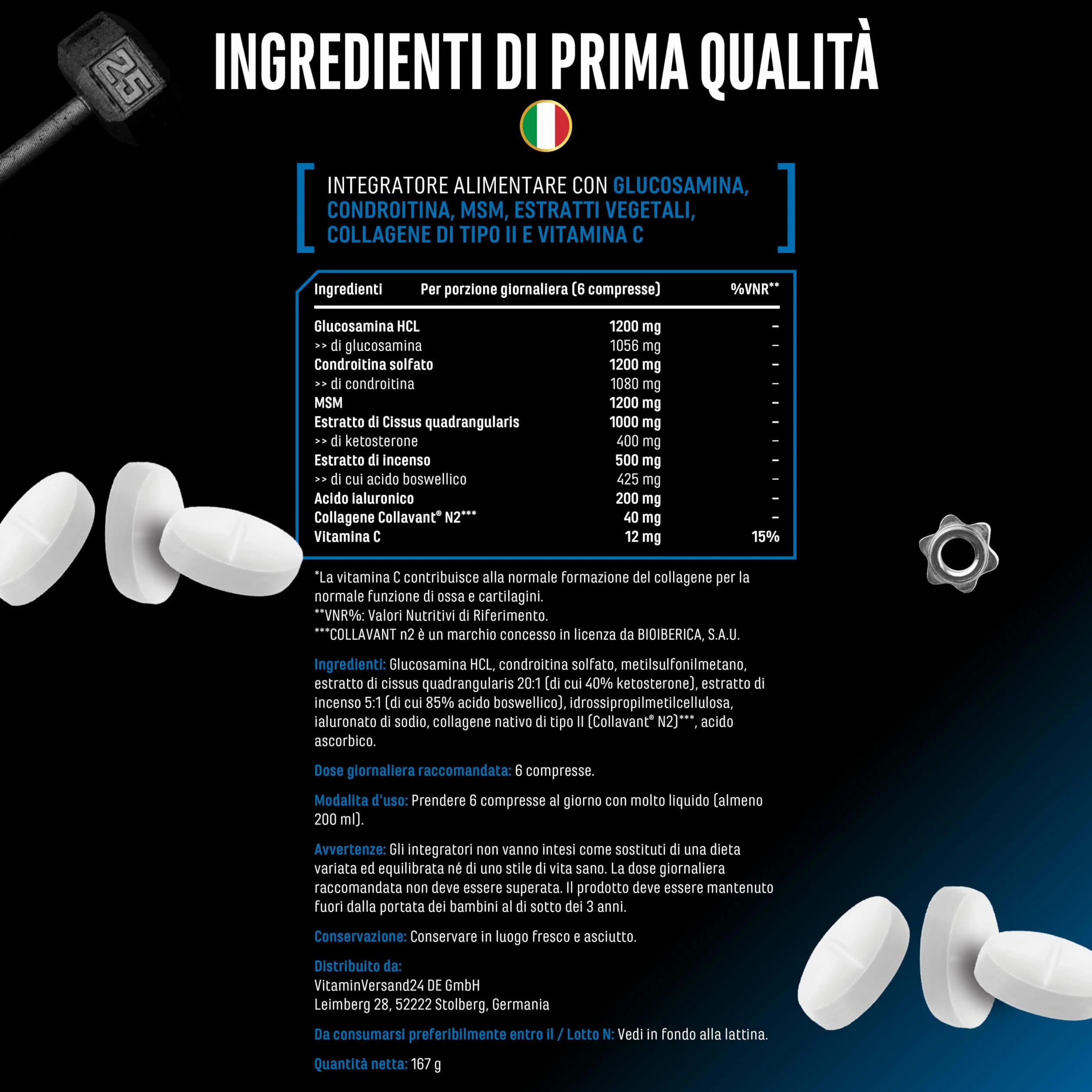 Joint Essentials – Integratore per le articolazioni con Collavant® N2 collagene di tipo II – Glucosamina + Condroitina + MSM + Acido ialuronico + Vitamina C + Cissus + Incenso – 180 compresse