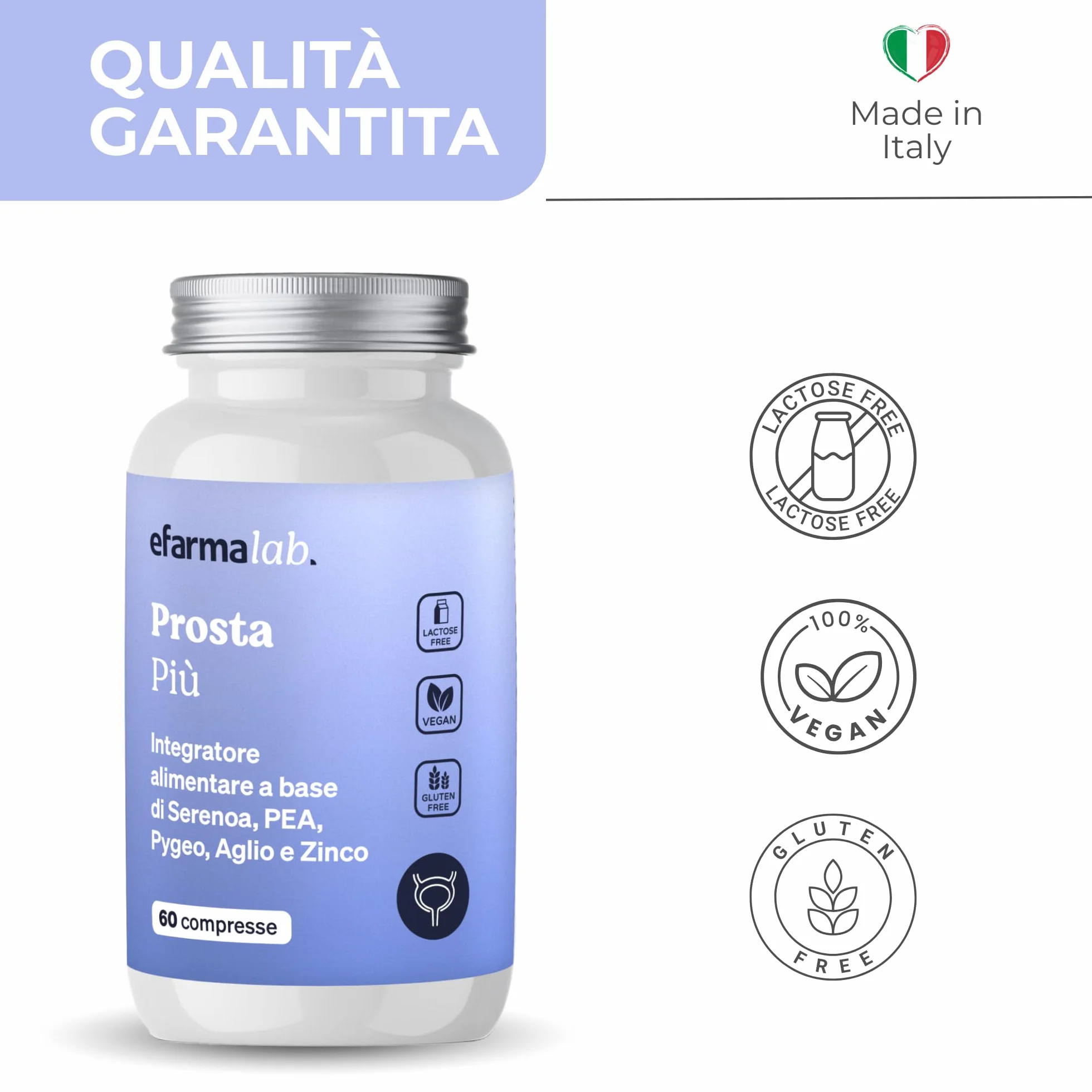 eFarmaLab Integratore per la Prostata con Serenoa Repens, Pygeum, PEA e Zinco 60 Compresse Made in Italy