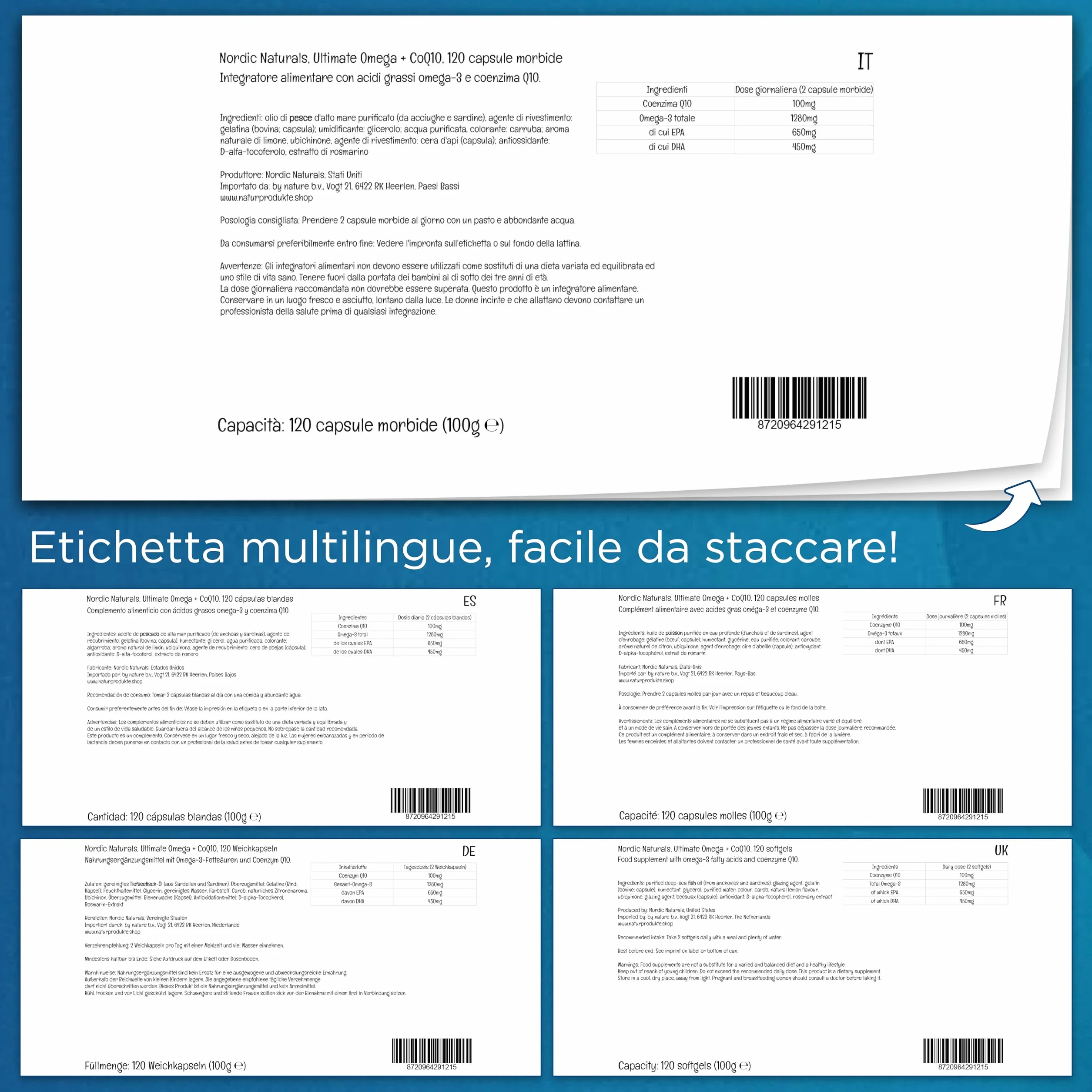 Nordic Naturals, Ultimate Omega-3 + CoQ10, 1280 mg, con EPA, DHA e Coenzima Q10, Altamente Dosato, Gusto Limone, 120 Capsule morbide, Testato in Laboratorio, Senza Soia, Senza Glutine, Non OGM