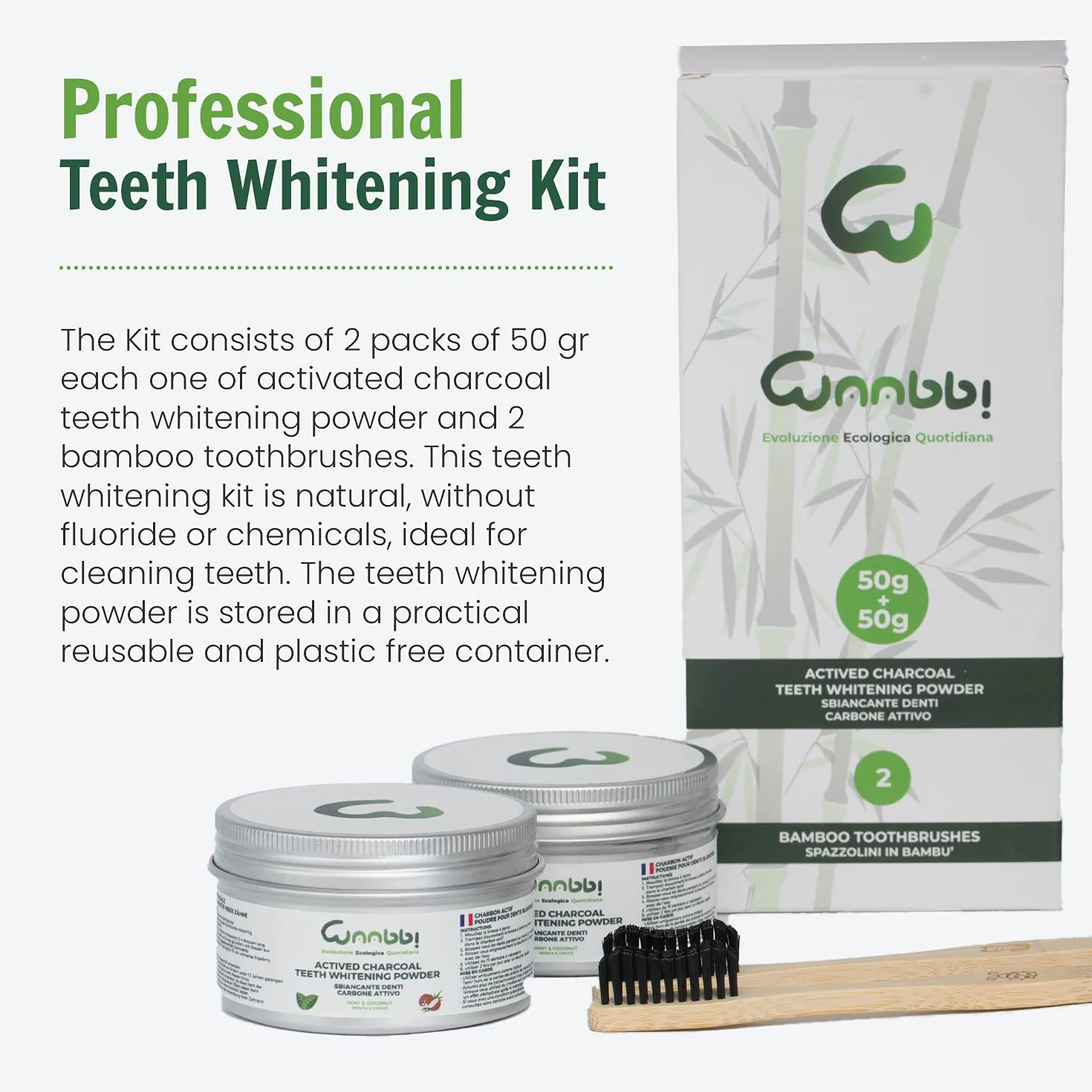 Dentifricio Carbone Attivo Sbiancante Professionale 100g con Spazzolino Bamboo