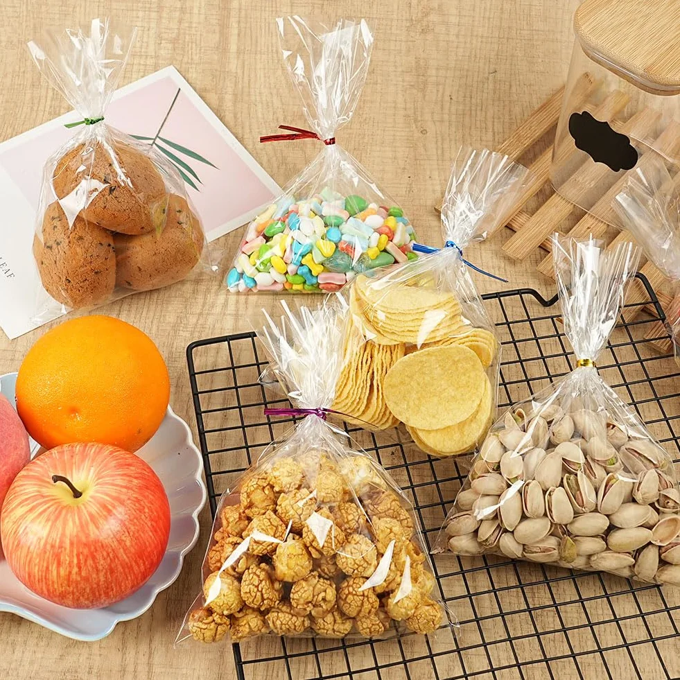 Sacchetti in Cellophane Trasparente 14x20 cm 100 Pezzi con Fiocchi e Lacci per Alimenti Confezioni Regalo