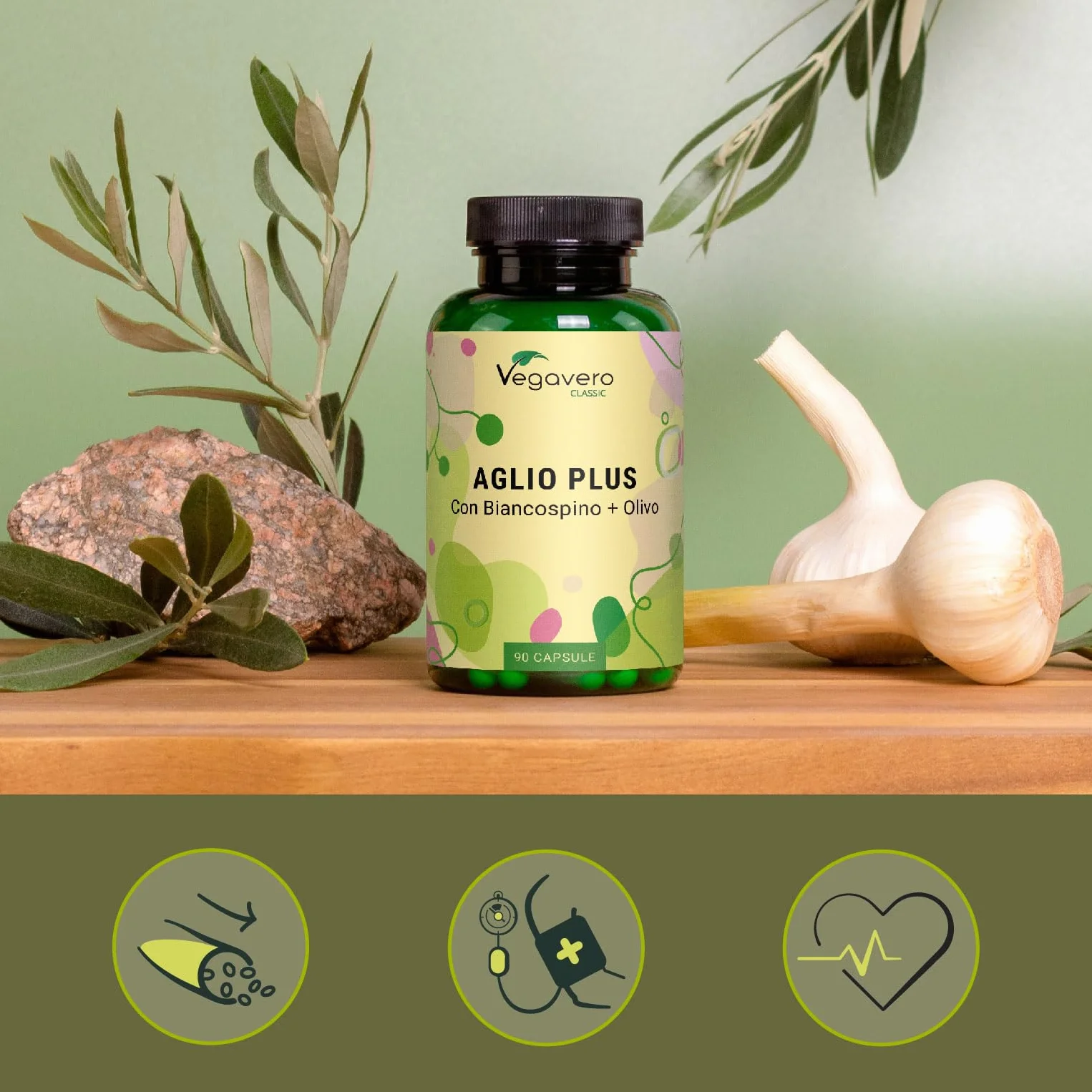 Aglio + Biancospino + Ulivo Vegavero® | Estratti titolati: 1% di Allicina, 3% di Flavoni e 40% Oleuropeina | Integratore in Capsule per la Pressione Sanguigna* | Vegan