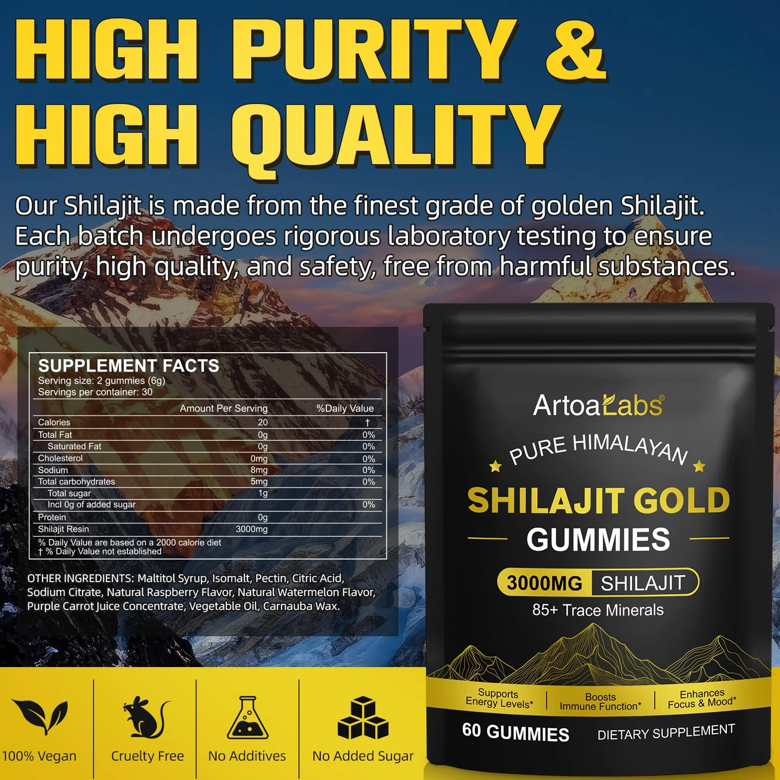Shilajit - Orsetti gommosi 3000 mg, puro Himalaya Shilajit oro, oltre 85 oligoelementi, supporta il livello di energia, il sistema immunitario (1)