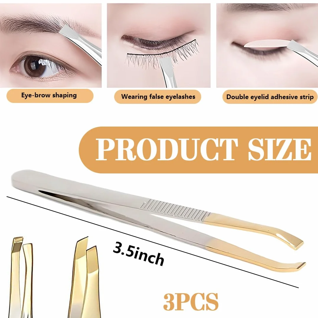 Pinzetta Sopracciglia, Set Di 3 Pezzi In Acciaio Inox, Semi-Dorato, Lunghezza 9 Cm, Pinzette Professionali Per Allungare Ciglia, Rimozione Peli Viso, Cura Sopracciglia E Barba