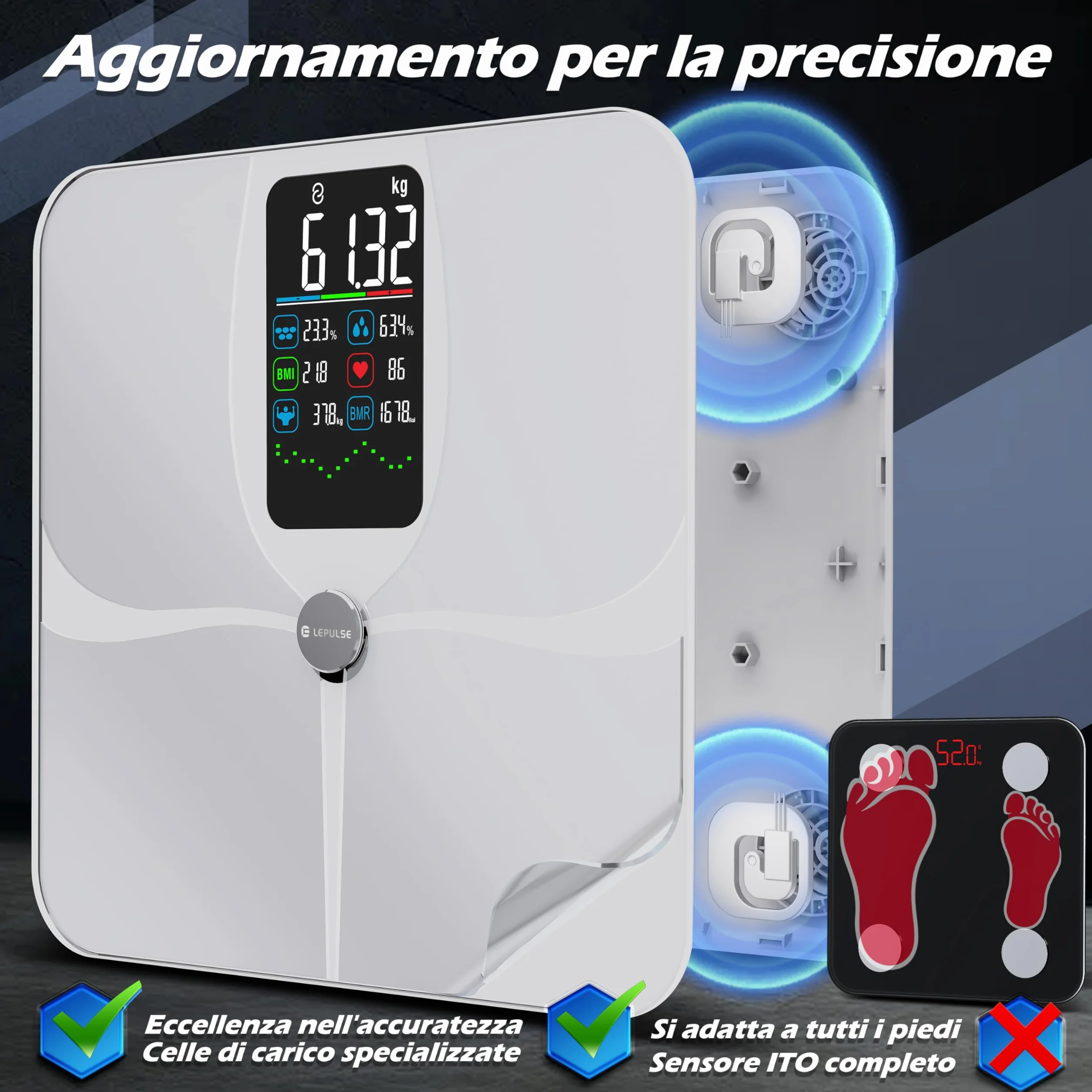 Lepulse Bilancia Impedenziometrica Intelligente Display Grande, Analisi Grasso Corporeo, Massa Muscolare, IMC, 22 Misurazioni con App