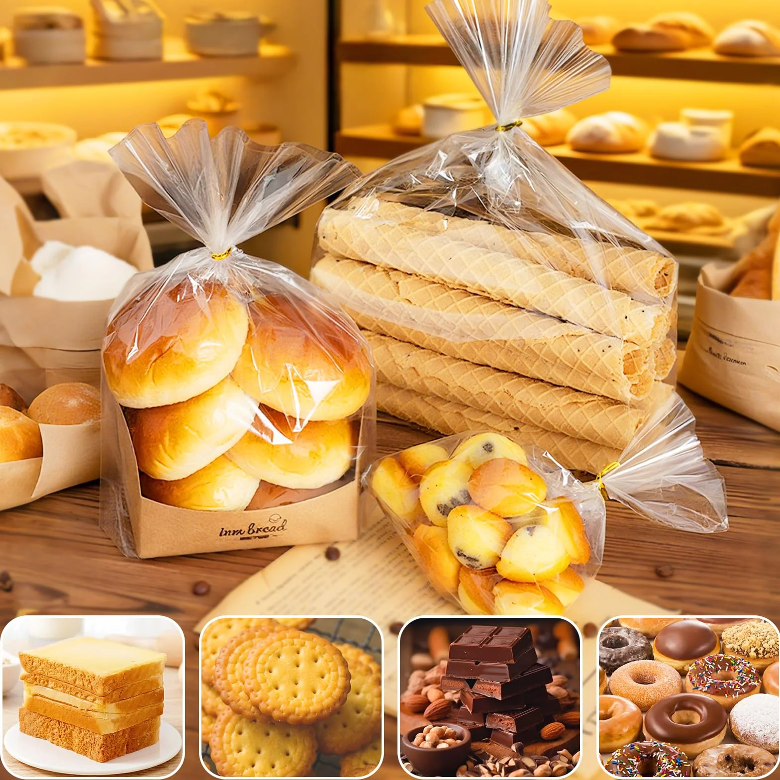 100 Pezzi Sacchetti Trasparenti per Confezioni 25x15cm, Bustine Cellophane per Pane Fresco Caramelle, Biscotti, Frutta, Gioielli con 100 Bande Metalliche per Feste Matrimonio Compleanno Bambini Regalo