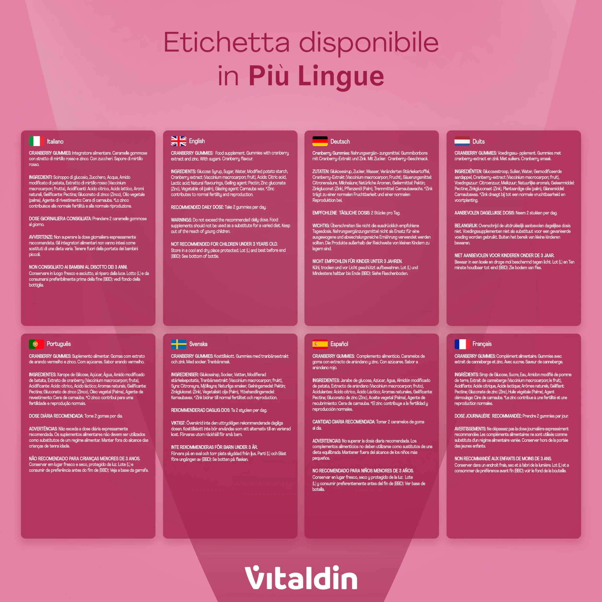 VITALDIN Cranberry Gummies – Integratore di 500 mg di estratto di Mirtillo Rosso + Zinco – 70 Caramelle Gommose, Gusto Mirtilli Rossi – Aiuto delle Vie Urinarie – Vegano